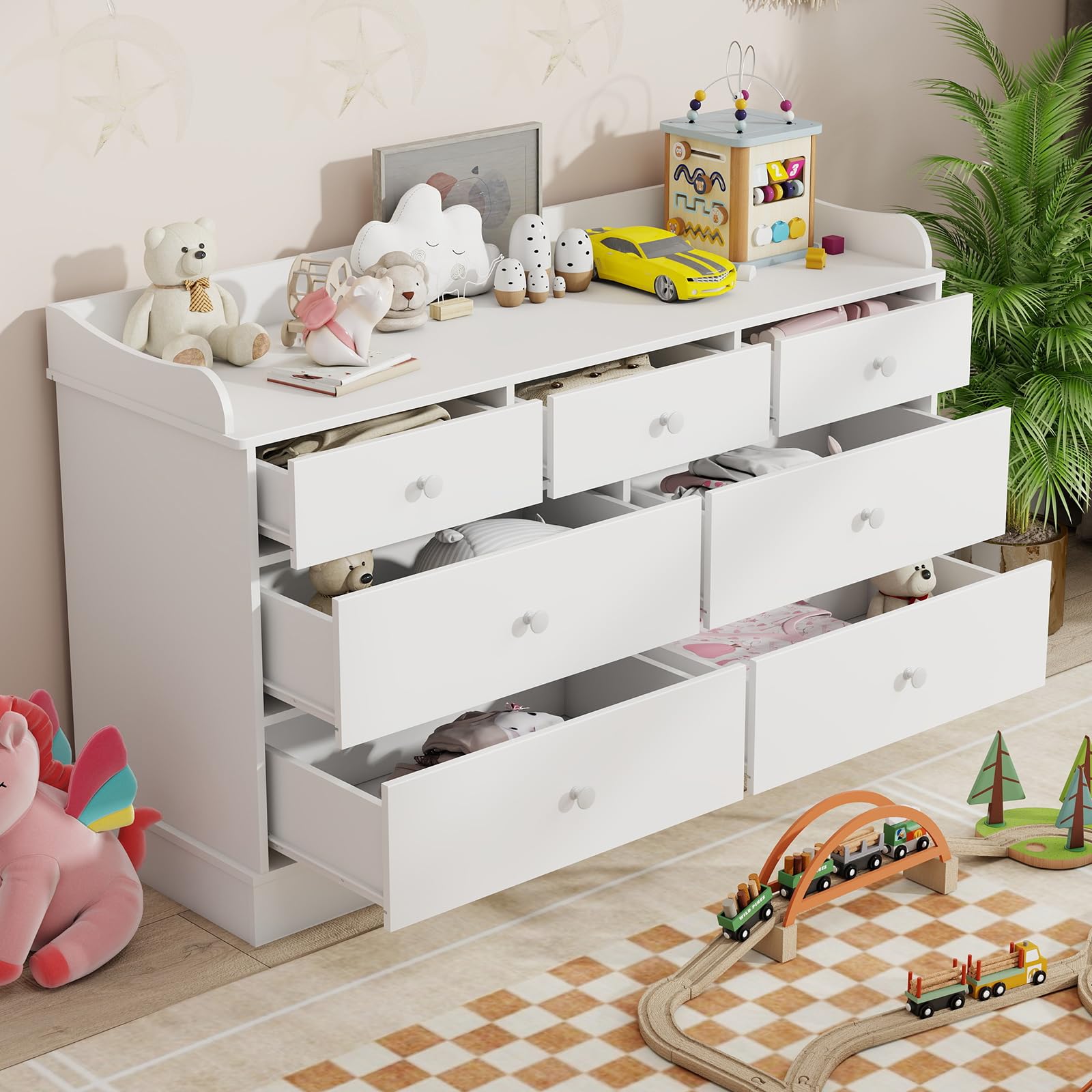 Vabches 7-Drawer Kids Dresser Organizer - White Nursery & Bedroom Storage Chest with Nightstand for Child’s Room | Perfect for Clothes, Toys & Room Organization
