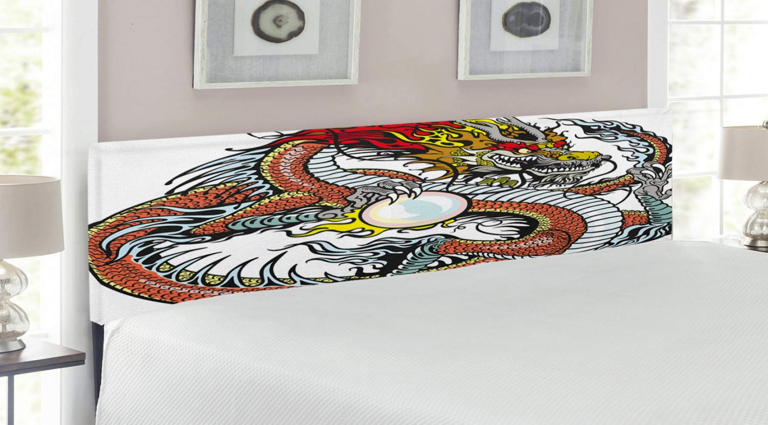 Ambesonne Dragon Headboard - Traditional Chinese Mythical Creature Holding Pearl, Zodiac Folk Art Tattoo Design, Upholstered Decorative Metal Bed Frame with Memory Foam - King Size Multicolor for Bedroom Decor & Asian-Themed Home Interiors