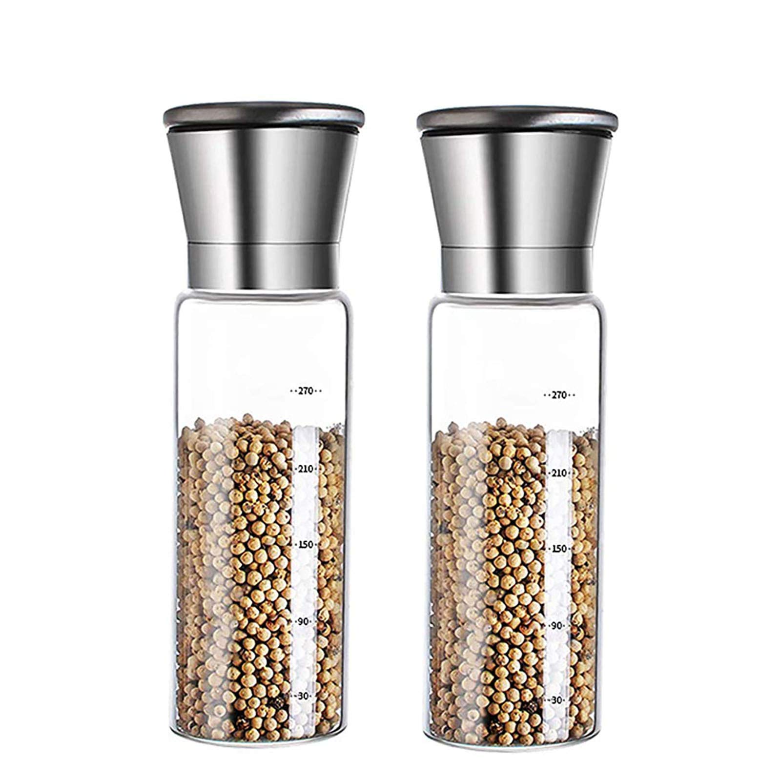 Premium 304 Stainless Steel Salt and Pepper Grinder Set (2 Pack) - Adjustable Coarseness, Large 270ml Glass Body - Perfect for Kitchen, Dining Table & Outdoor BBQ