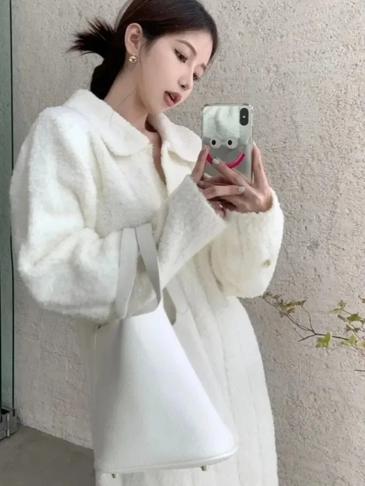 Vintage Y2K Knitted Sweater Dress for Women - Warm Winter Mini Dress with Long Sleeves in White | Elegant Fall & Winter Outfits, Party Wear, Casual Office Fashion