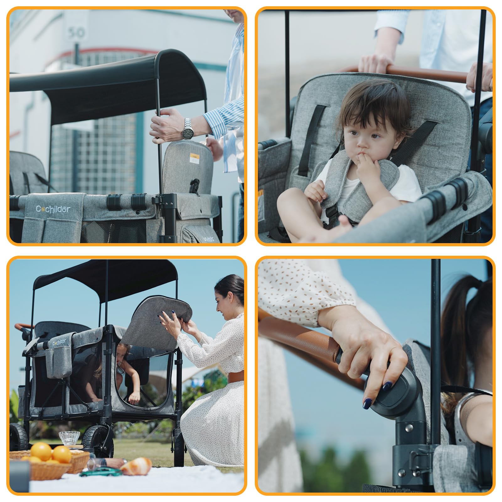 **CoChildor 4-Seater Stroller Wagon for Kids – Premium Folding Quad Wagon with 5-Point Harness, Adjustable Push/Pull Handles, Removable UV Canopy & Storage Pockets – Light Grey – Perfect for Park Outings, Beach Trips & Family Adventures**