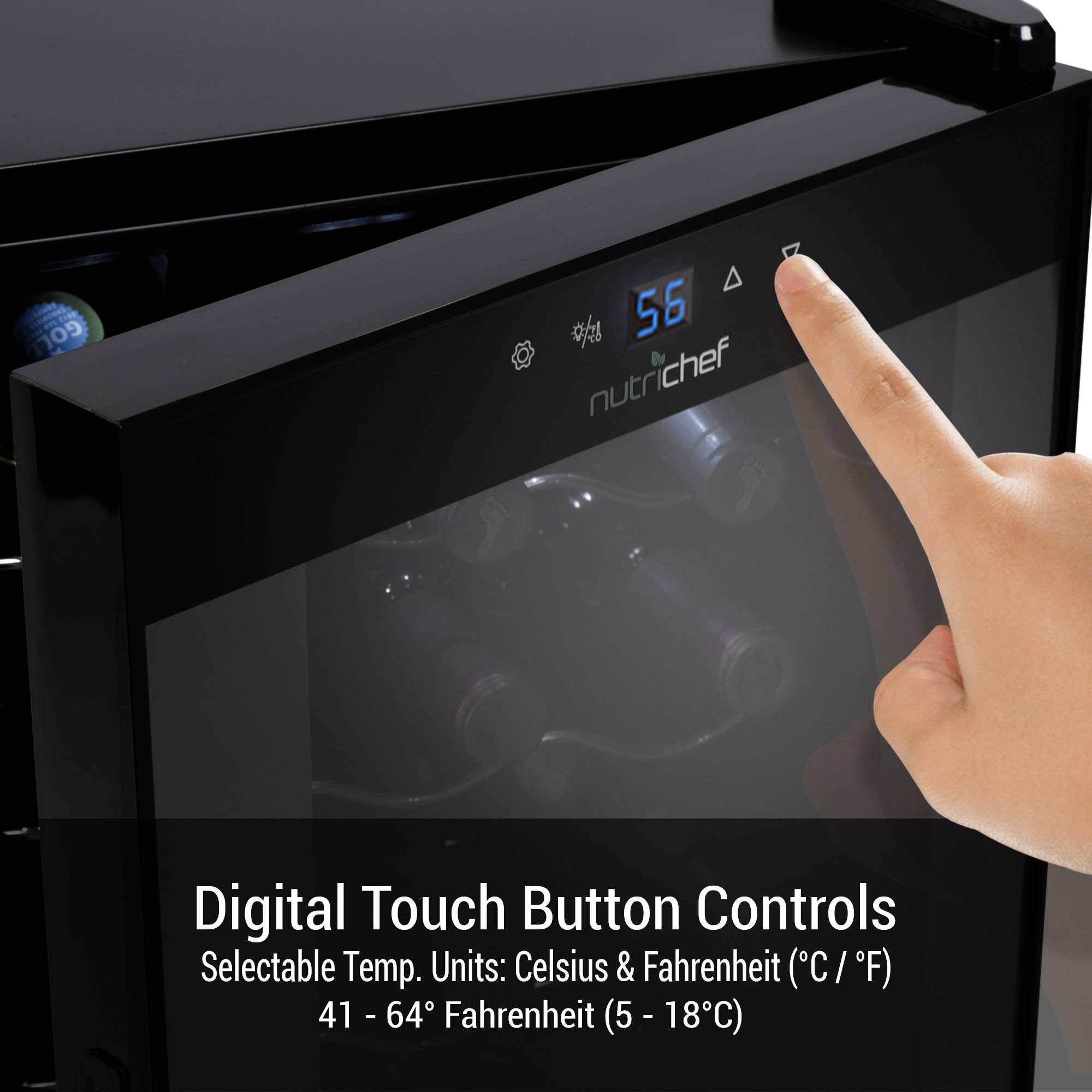 NutriChef 15-Bottle Compact Wine Cooler - Freestanding Mini Refrigerator with Digital Touch Control, Glass Door & Quiet Operation - Perfect for Home, Office, or Bar (Black, White & Red)