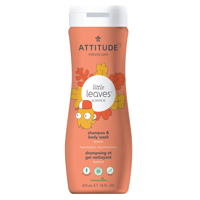 Attitude Little Leaves 2-in-1 Shampoo & Body Wash - Mango Scented, 16oz (473ml) - Natural & Gentle for Babies & Kids - Perfect for Daily Bath Time & Sensitive Skin Care