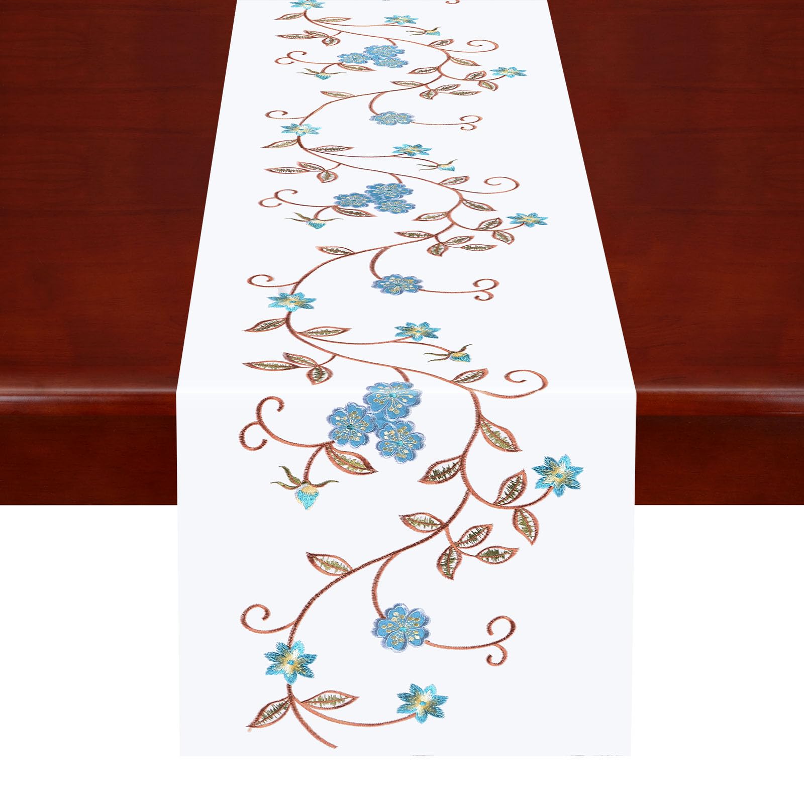 Simhomsen Double Thickness Rustic Embroidered Floral Table Runner - 14x35 Inch Farmhouse Decor for Dining Table, Buffet, Dresser - Spring Summer Home Decor in Teal Blue