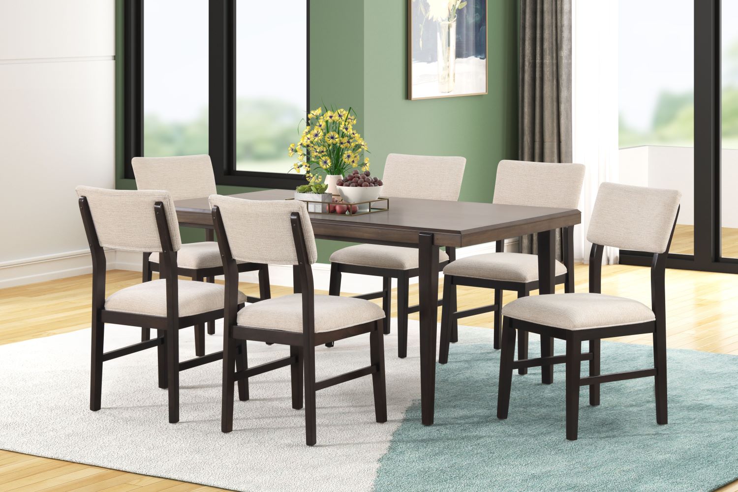 Arabella 7-Piece Dining Set with Upholstered Chairs in Black & Brown - Perfect for Modern Dining Room, Kitchen, and Entertaining Guests