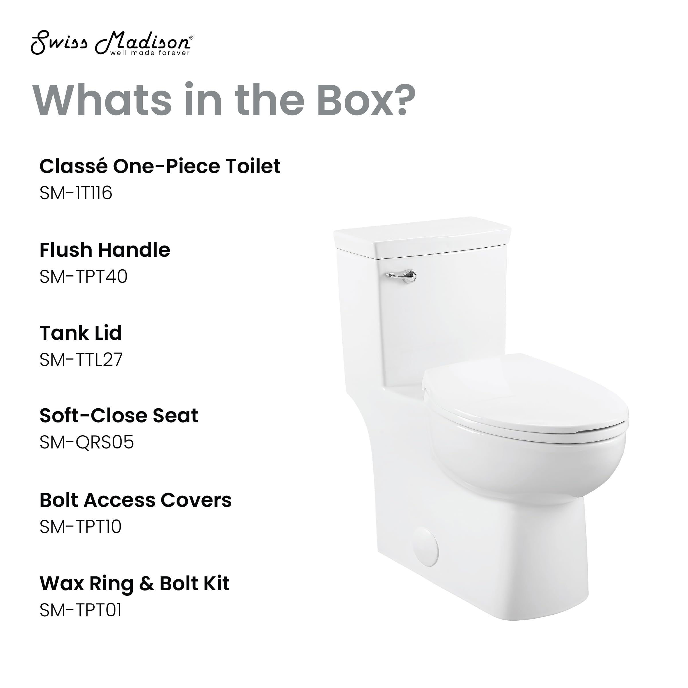 Swiss Madison SM-1T116 Classe One Piece Toilet - 1.28 GPF Water Efficient, Front Flush Handle, Glossy White - Perfect for Modern Bathrooms & Small Spaces