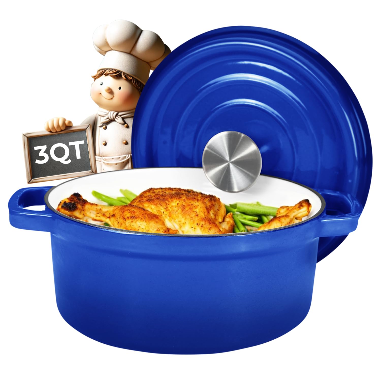 Healthy Choices 3 Qt Enameled Cast Iron Dutch Oven with Lid - Small Blue Pot for Bread Baking, Soups & Stews - Even Heat Distribution, Works on All Cooktops (Up to 500°F) - Perfect for Family of 4, Wedding Registry & Kitchen Gifts - Ideal for Home Cooking, Camping & Outdoor Adventures