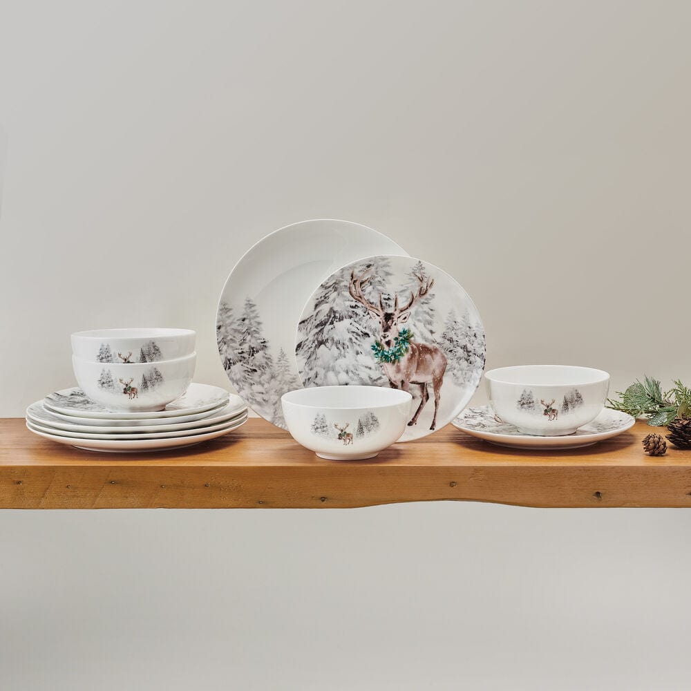 Woodsy Winter 12-Piece Dinnerware Set - Service for 4 - Elegant Porcelain Plates, Bowls & Mugs - Perfect for Holiday Dinners, Family Gatherings & Cozy Winter Meals