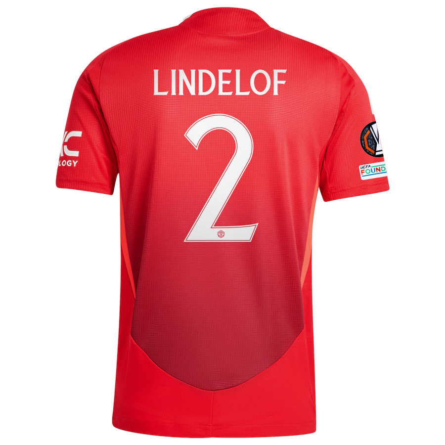 Adidas Manchester United 24/25 Authentic Victor Lindelof Home Jersey with Europa League Patches - MUFC Red/Bright Red - Perfect for Match Days & Fan Collections