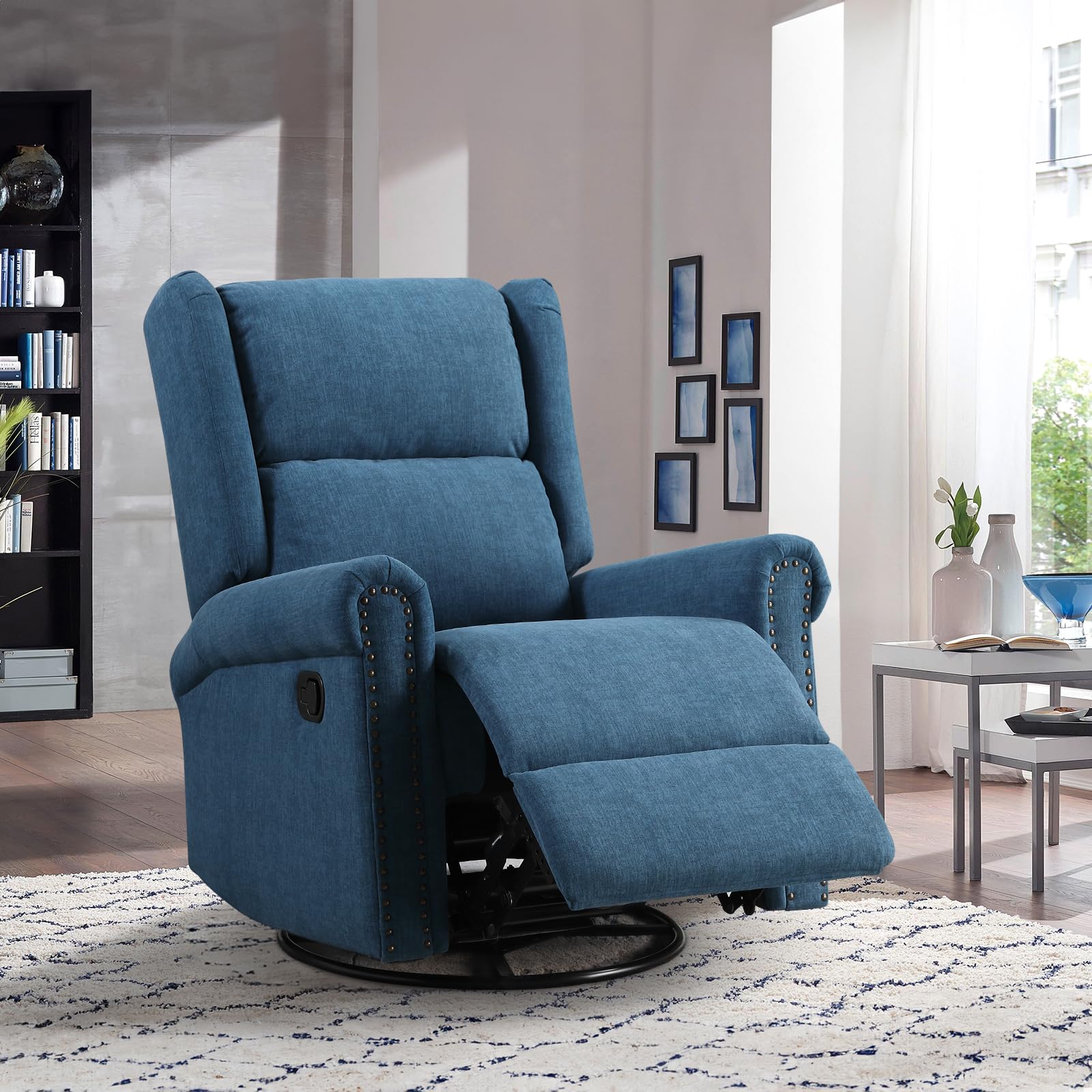 **Antetek Swivel Rocking Recliner Chair - Velvet Nursery Glider with Footrest & High Back, Manual Wingback Upholstered Rocking Chair for Living Room, Nursery, Bedroom - Blue - Perfect for Nursing, Relaxing & Reading**