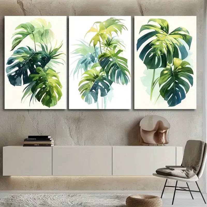 3-Piece Tropical Leaves Wall Art Set - White Background Canvas Framed 50x70cm - High Quality Print 100% Australian Made - Ready to Hang - Perfect for Living Room, Bedroom & Office Decor