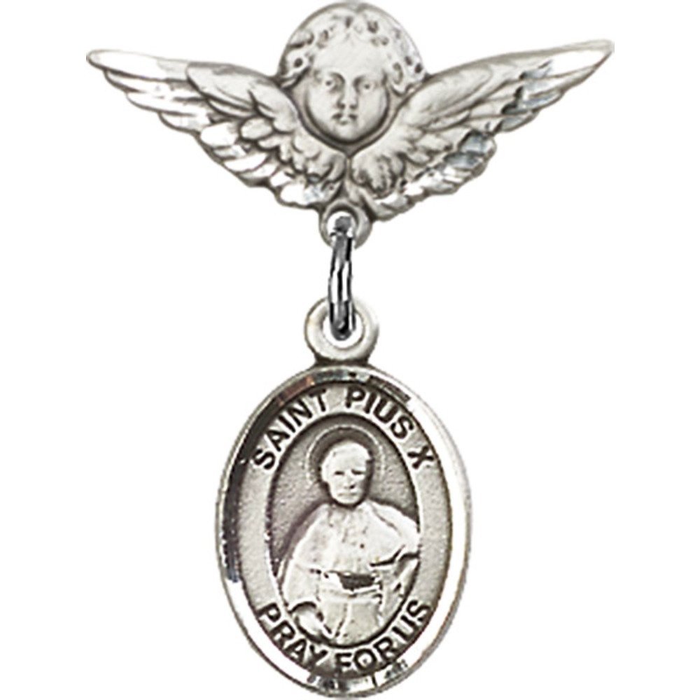 St. Pius X Sterling Silver Baby Badge with Angel Wing Charm - 7/8 X 3/4 Inch Religious Jewelry for Baptism, First Communion & Christening Gifts