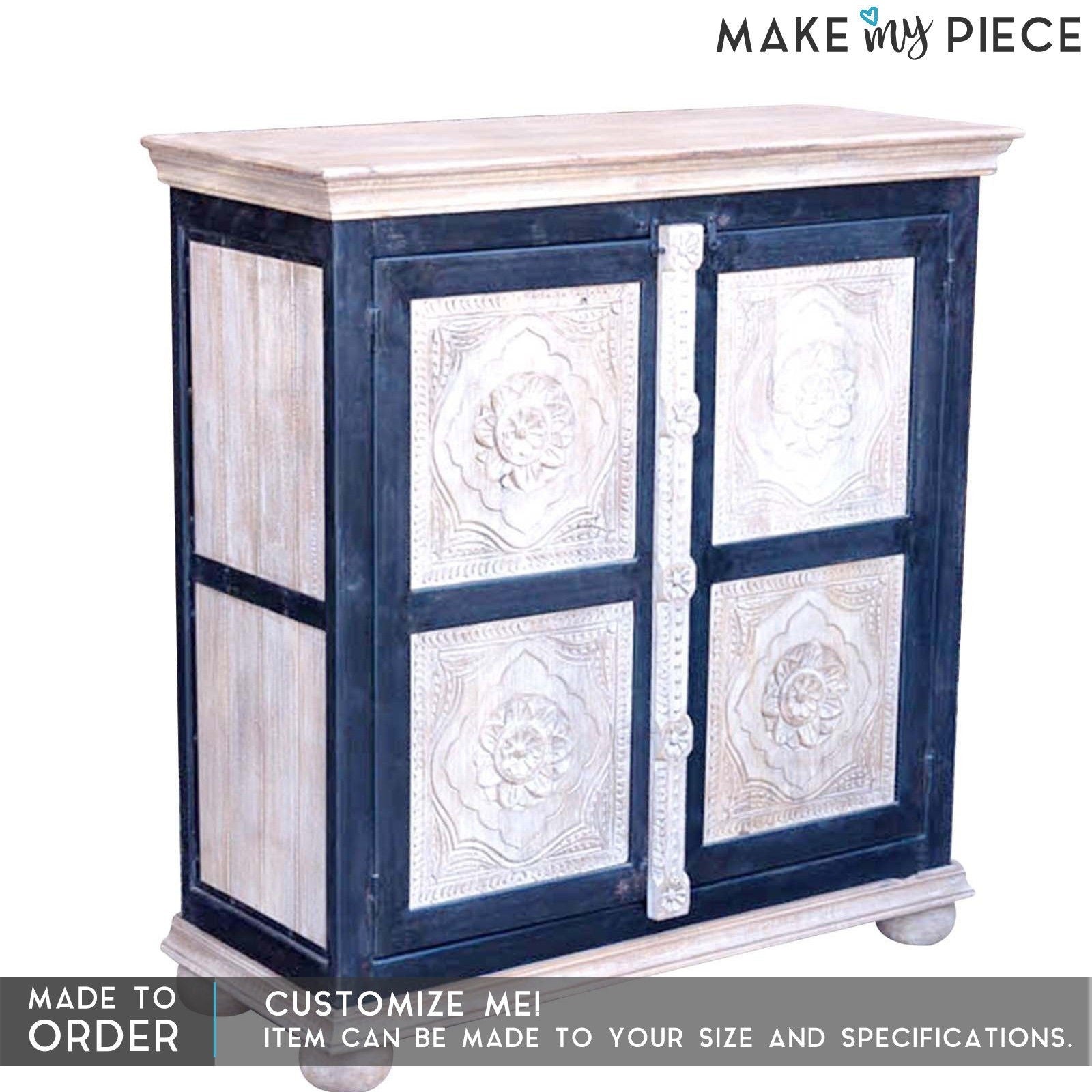 Vintage Floral Carved Solid Wood Sideboard - Whitewashed Black Finish | Farmhouse Dining Room Buffet & Entryway Storage Cabinet