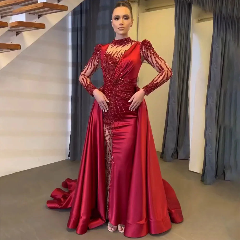 Serene Hill Wine Red Mermaid Luxury Lace Beaded Satin Evening Dress - Dubai Formal Gown for Women 2025 | Wedding, Party, Prom, Gala & Special Occasion Wear | LA72202