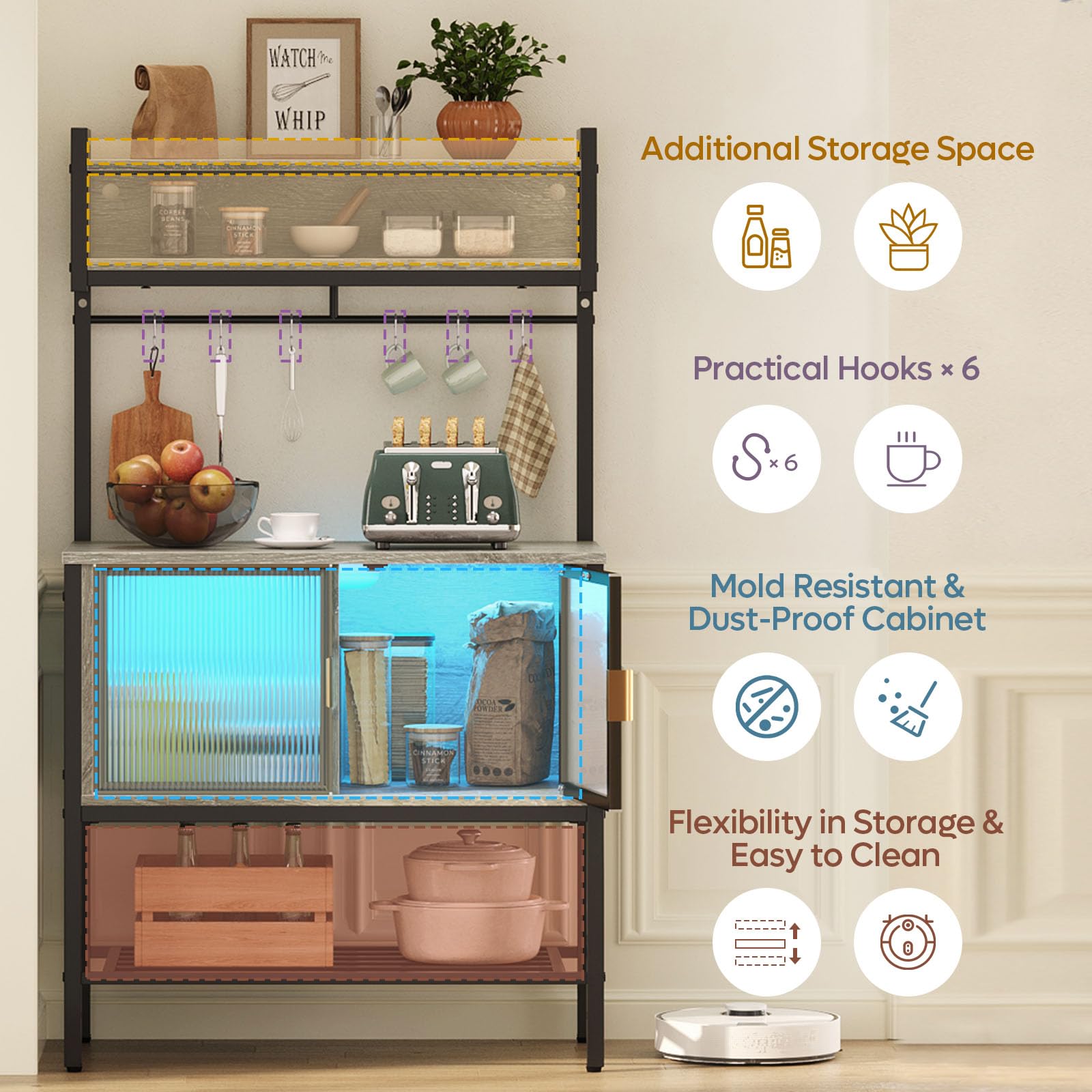 Bestier 5-Tier Coffee Bar with Storage & LED Lights - Heavy Duty Kitchen Bakers Rack with Cabinet, Microwave Stand for Kitchen, Garage & Pantry Organization (Retro Grey Oak) - Perfect for Small Spaces, Coffee Stations & Home Decor