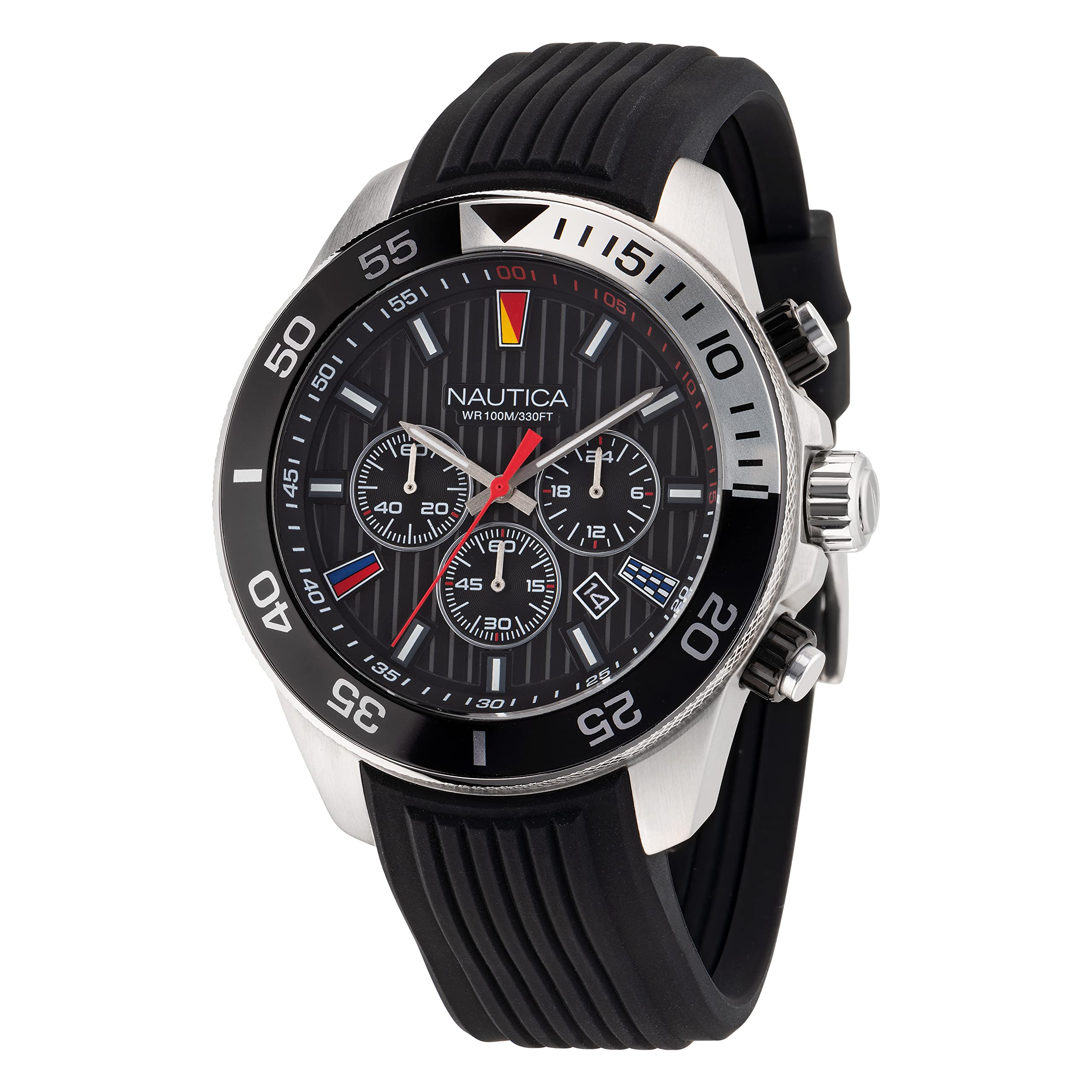 Nautica Men's NAPNOS306 Eco-Friendly Watch - 85% Recycled Stainless Steel Bracelet & Black Silicone Strap - Waterproof Casual & Dress Watch for Everyday Wear