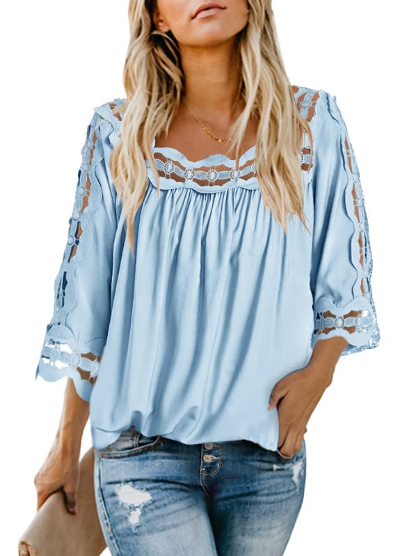 Dokotoo Women's 3/4 Sleeve Lace Crochet Blouse - Flowy Square Neck Solid Color Summer Top for Casual Wear, Office & Date Night