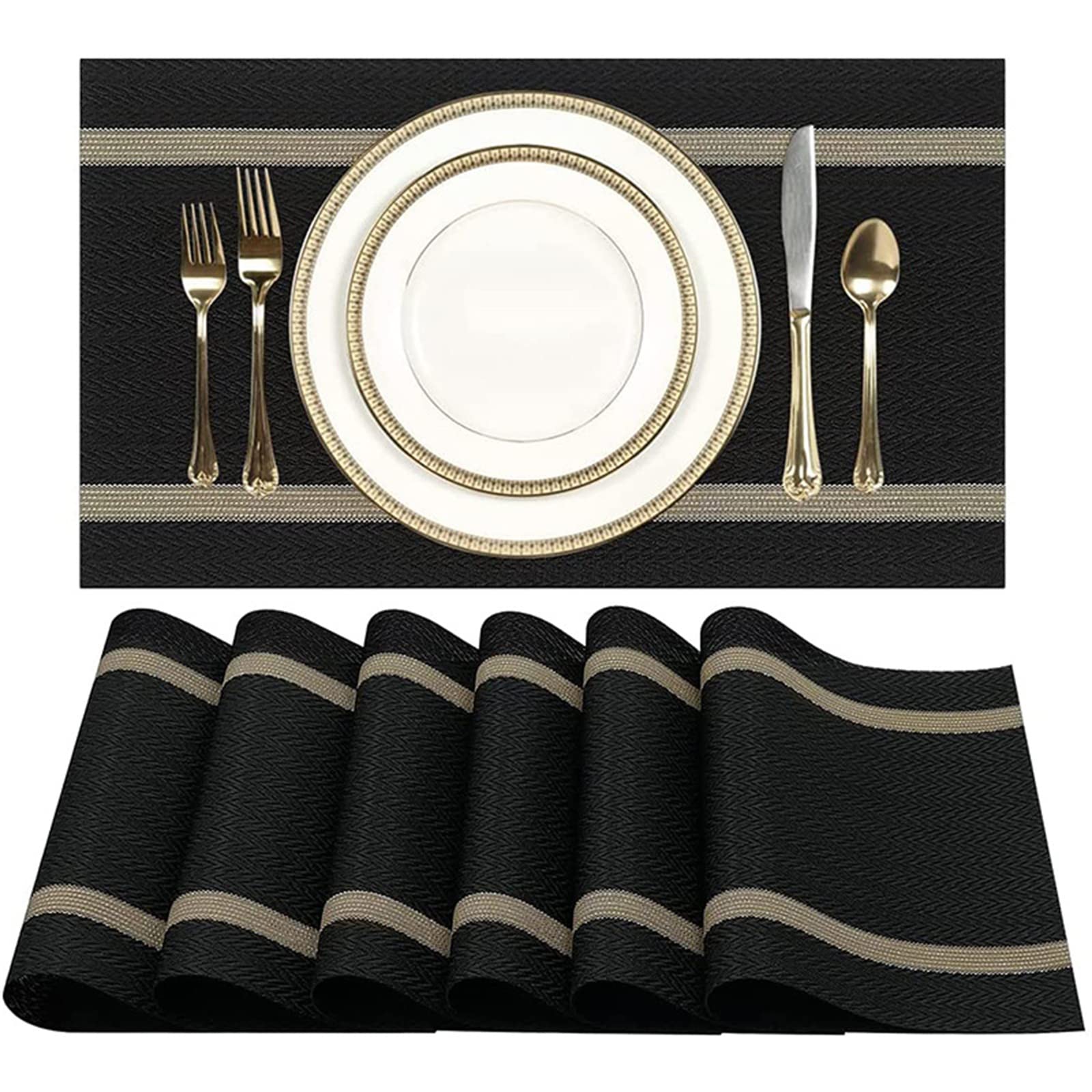 Premium Vinyl Placemats Set of 6 - Heat Resistant & Non-Slip Dining Table Mats - Stain Proof Kitchen Table Mats - Easy to Clean for Daily Use, Dinner Parties & Holiday Gatherings