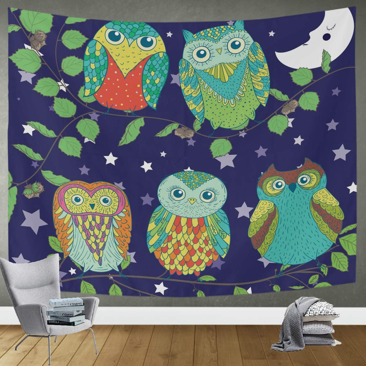 DOMIKING Funny Cartoon Owls Tapestry Wall Hanging - 60x51in Trippy Boho Room Decor for Bedroom, Living Room & Dorm | Perfect for Hippie Aesthetic, College Dorm Wall Art & Cozy Home Decor