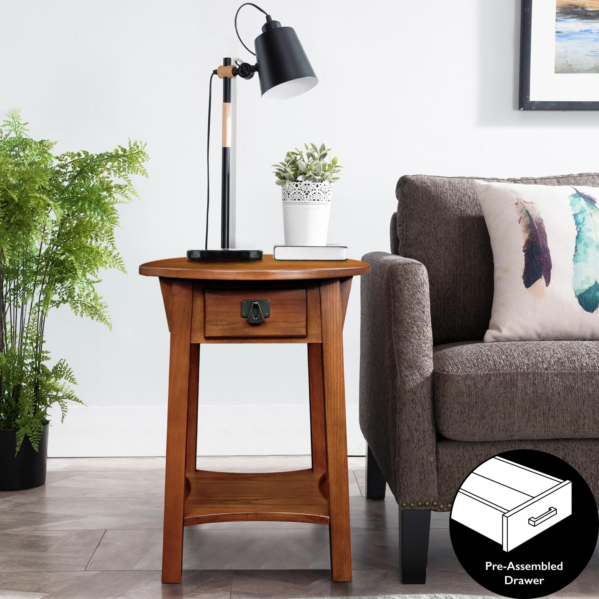 Leick Home 9056-RS Solid Wood Round End Table with Drawer - Rustic Mission Style Side Table for Living Room, Bedroom & Office - Perfect for Holding Lamps, Books & Decor