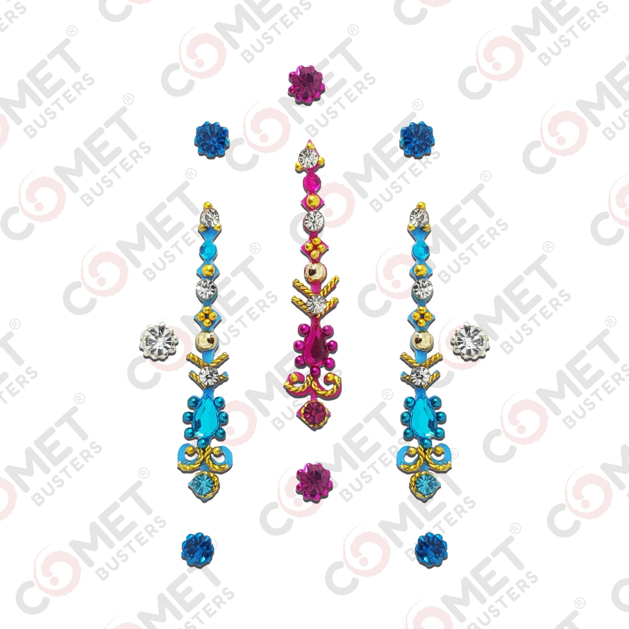 Comet Busters Pink and Blue Long Bindi for Women - 26mm Indian Forehead Jewelry (BV016) | Perfect for Diwali, Weddings & Festive Occasions