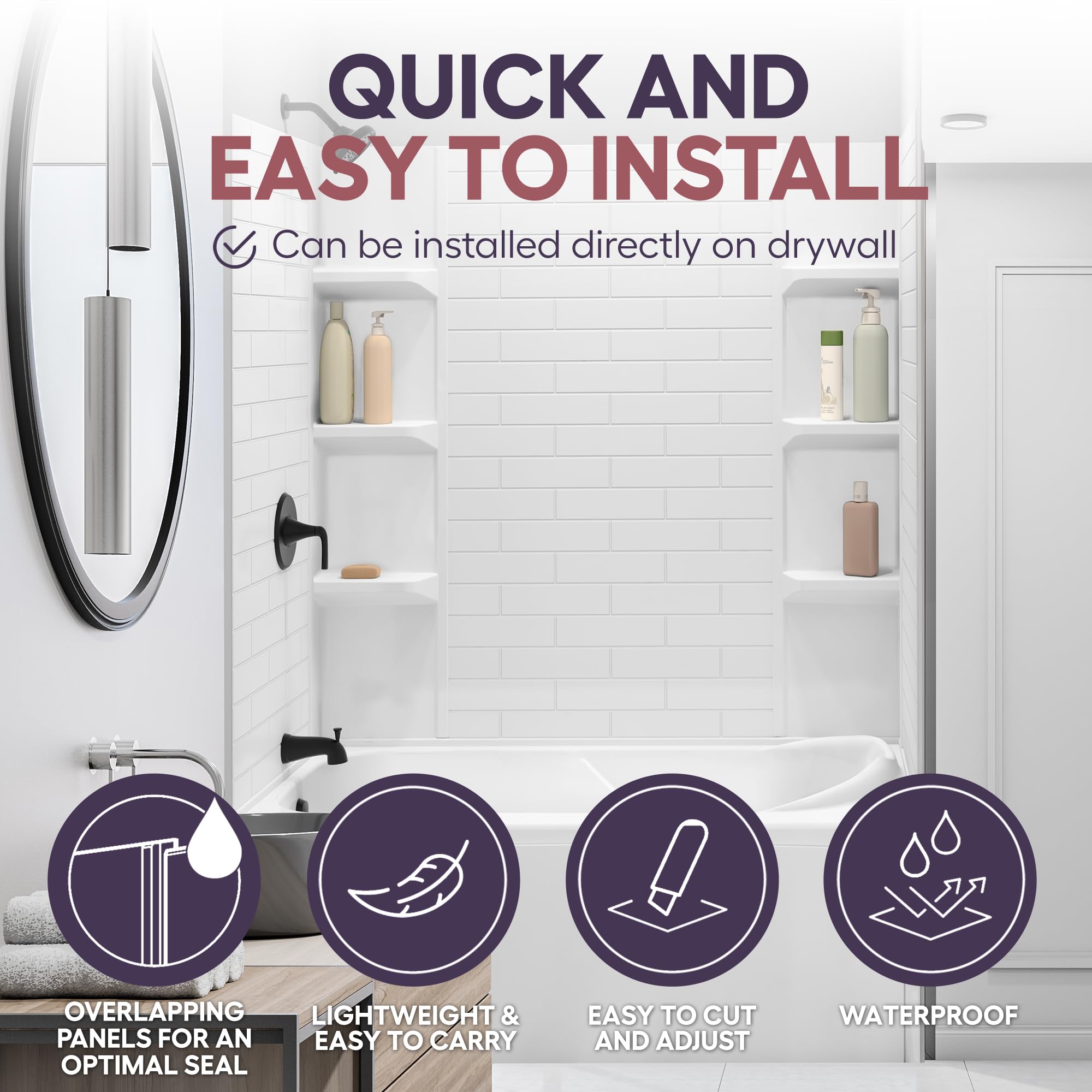 Waterproof Lightweight White Polystyrene Bathtub Wall Surround Panels with Subway Tiles Pattern - Easy-to-Install Kit Includes 2 Shelf Units (58