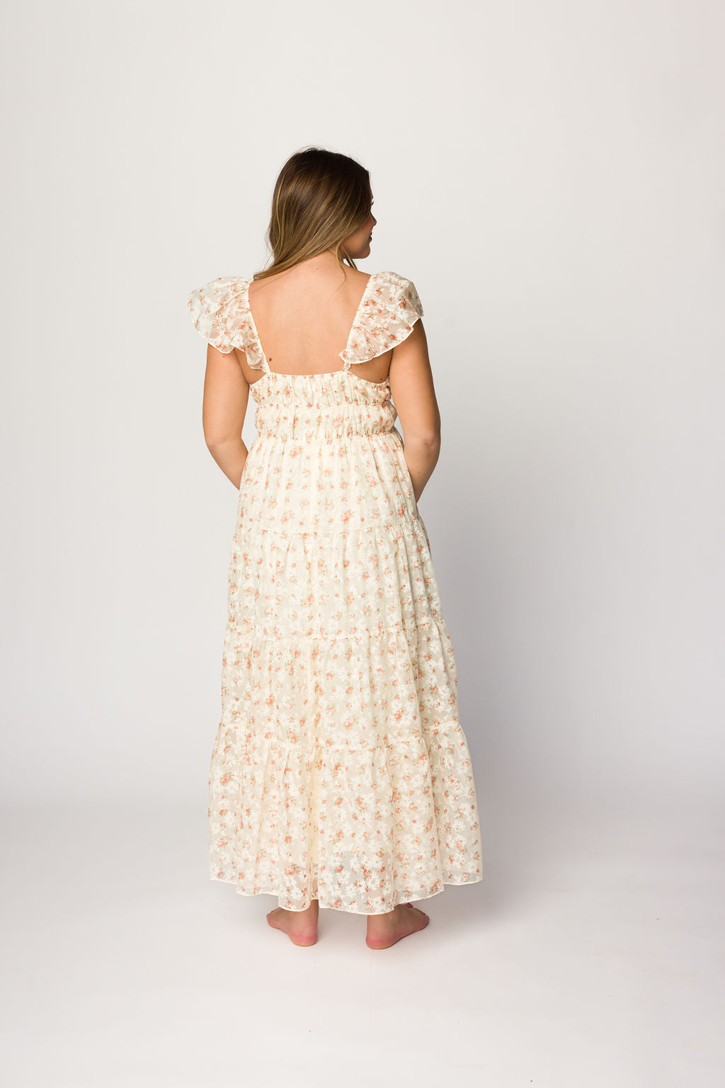 Elegant Floral & Gingham Ruffled Maxi Dress for Women - Cream Peach Summer Dress, Boho Chic Beach Wedding Guest Outfit, Perfect for Vacations & Outdoor Parties