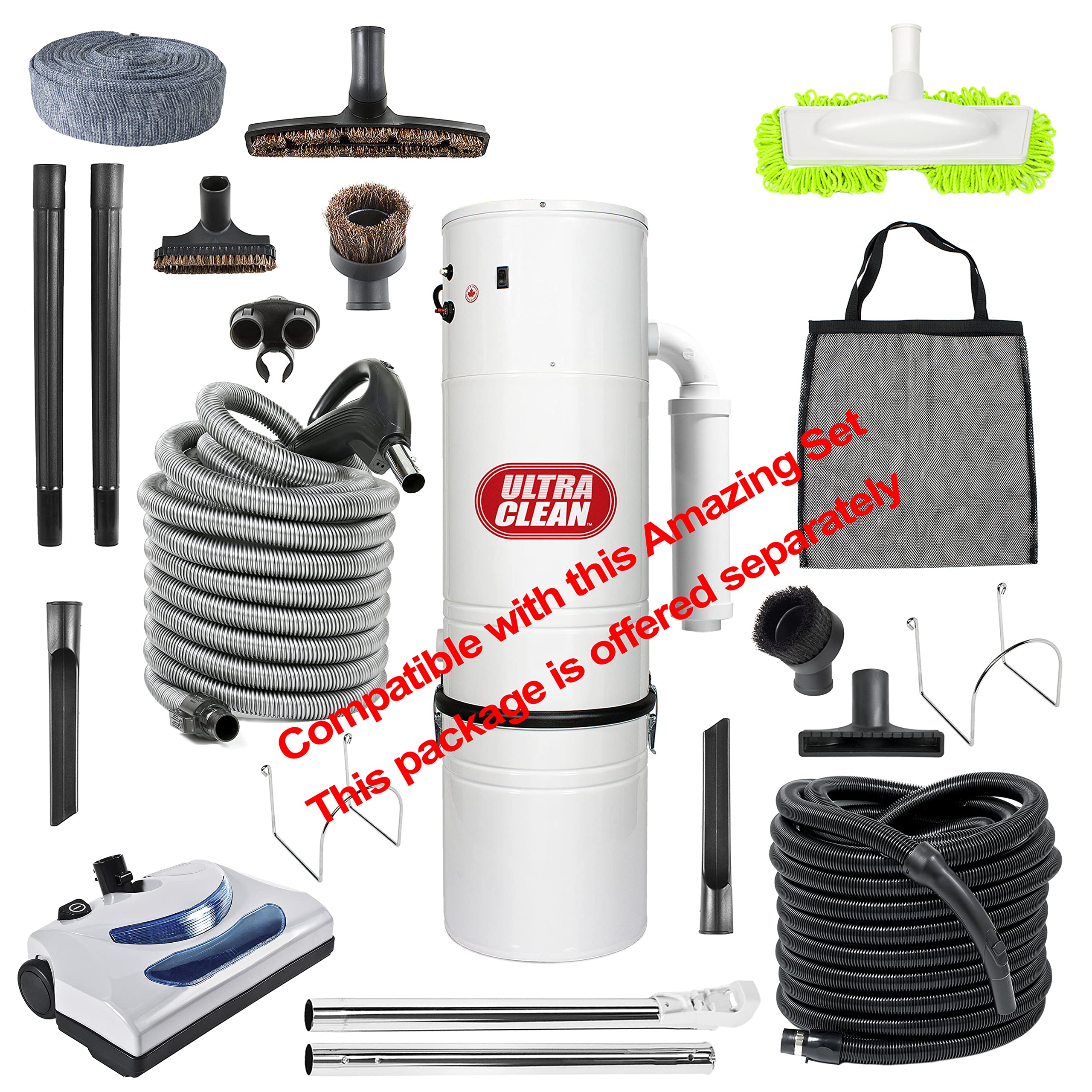 Ultra Clean Universal Central Vacuum Electric Powerhead Kit with 30ft Hose & Deluxe Attachments (Pigtail, Black) - Perfect for Whole House Cleaning, Pet Hair Removal, and Hard Floor Maintenance