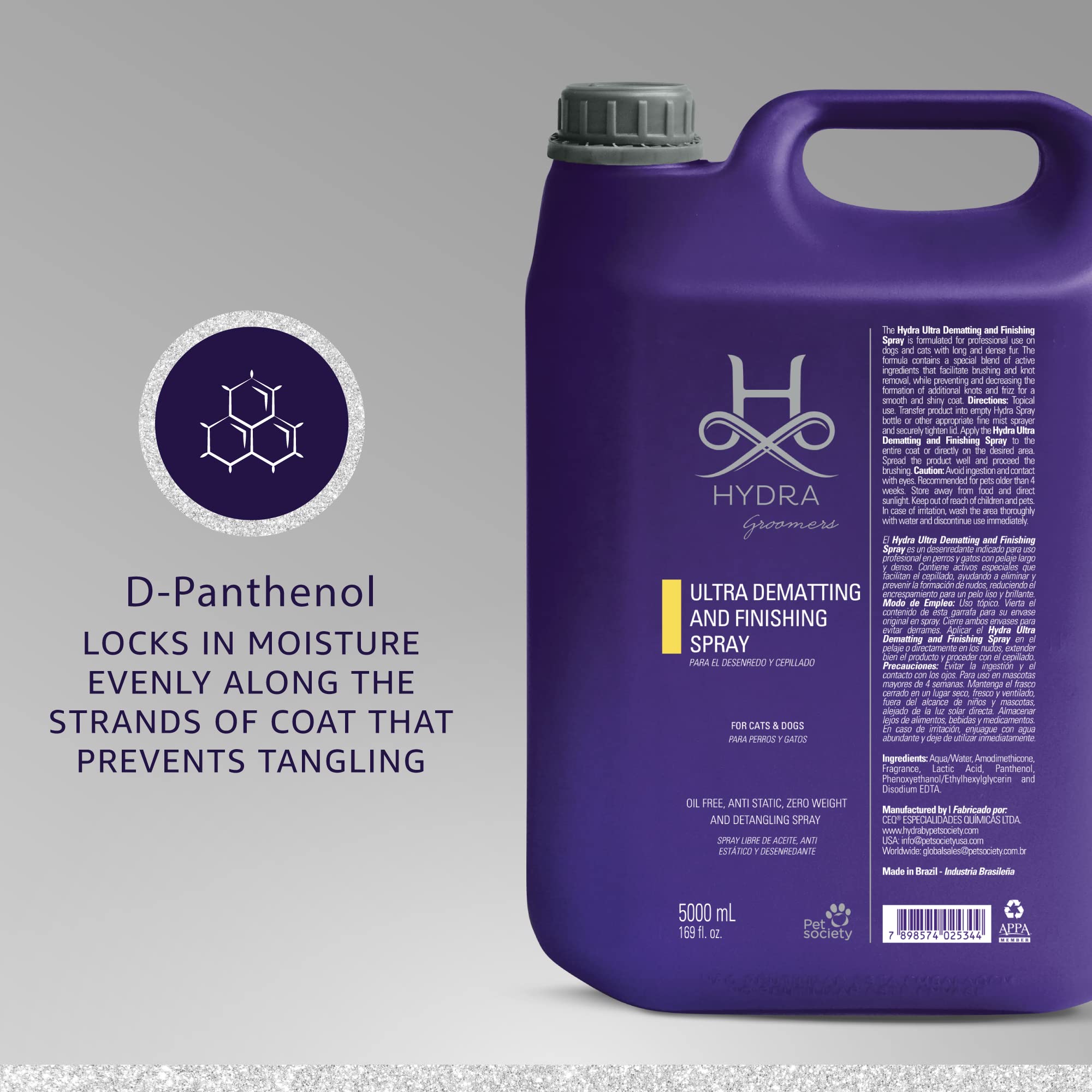 Hydra Professional Ultra Dematting & Finishing Spray for Dogs & Cats - 169 fl.oz Detangling Solution for Long Haired Pets | Grooming, Shedding Control & Coat Shine Enhancer for Home & Professional Use