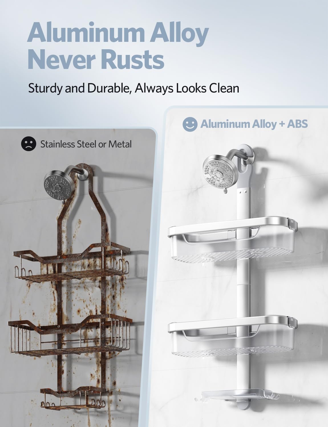 LAMU Adjustable Shower Caddy Hanging Organizer - 3-Tier Rust-Proof Aluminum Alloy + ABS Bathroom Storage with Hooks, Razor Holder & Soap Dish - Perfect for Small Spaces, Apartment & Dorm Showers (Silver)
