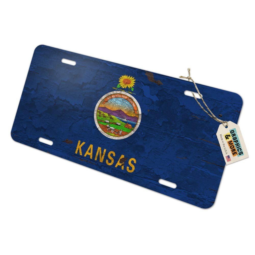 Vintage Rustic Kansas State Flag Distressed Metal Vanity Tag License Plate - USA Novelty Car Decor, Wall Art & Gift Idea for Home, Office, Dorm or Man Cave