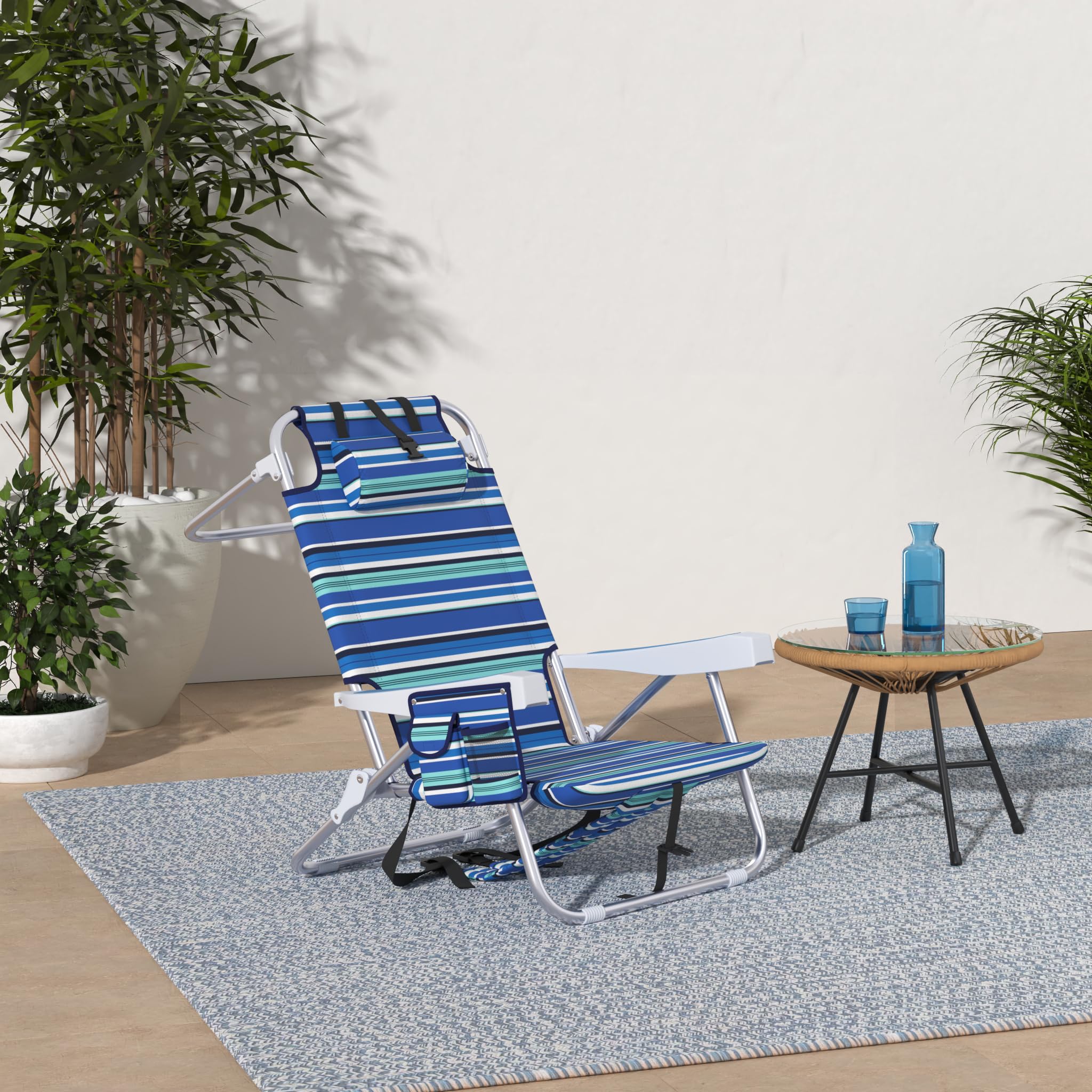 Heavy Duty Beach Chairs for Adults - Portable Folding Chair with Backpack Straps & Large Cooler Pouch, Supports 350LBS - Compact Lay Flat Design (Blue & Cyan Stripes) - Perfect for Beach, Camping, Picnics and Outdoor Relaxation