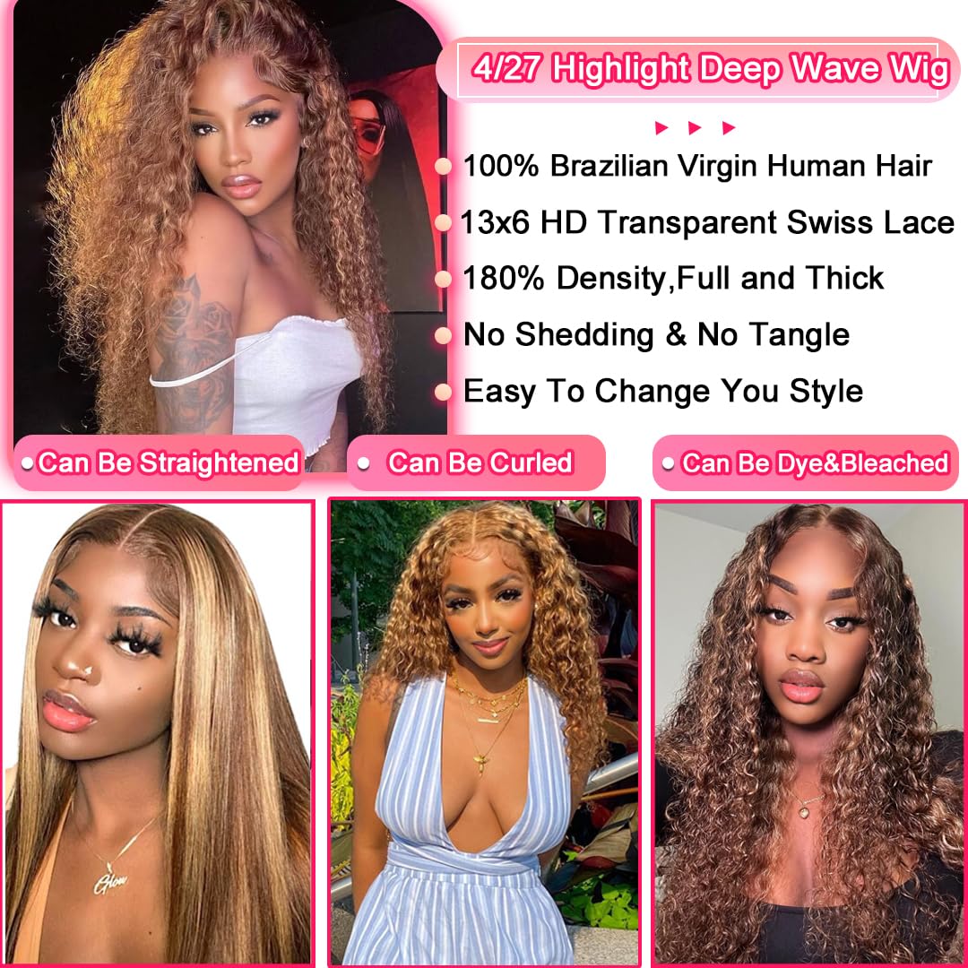 13x6 HD Transparent Lace Front Wig - 180% Density Human Hair Deep Wave Ombre (4/27) - Glueless Curly Lace Wig with Baby Hair for Black Women - 26 Inch Length - Perfect for Daily Wear, Special Occasions & Protective Styling