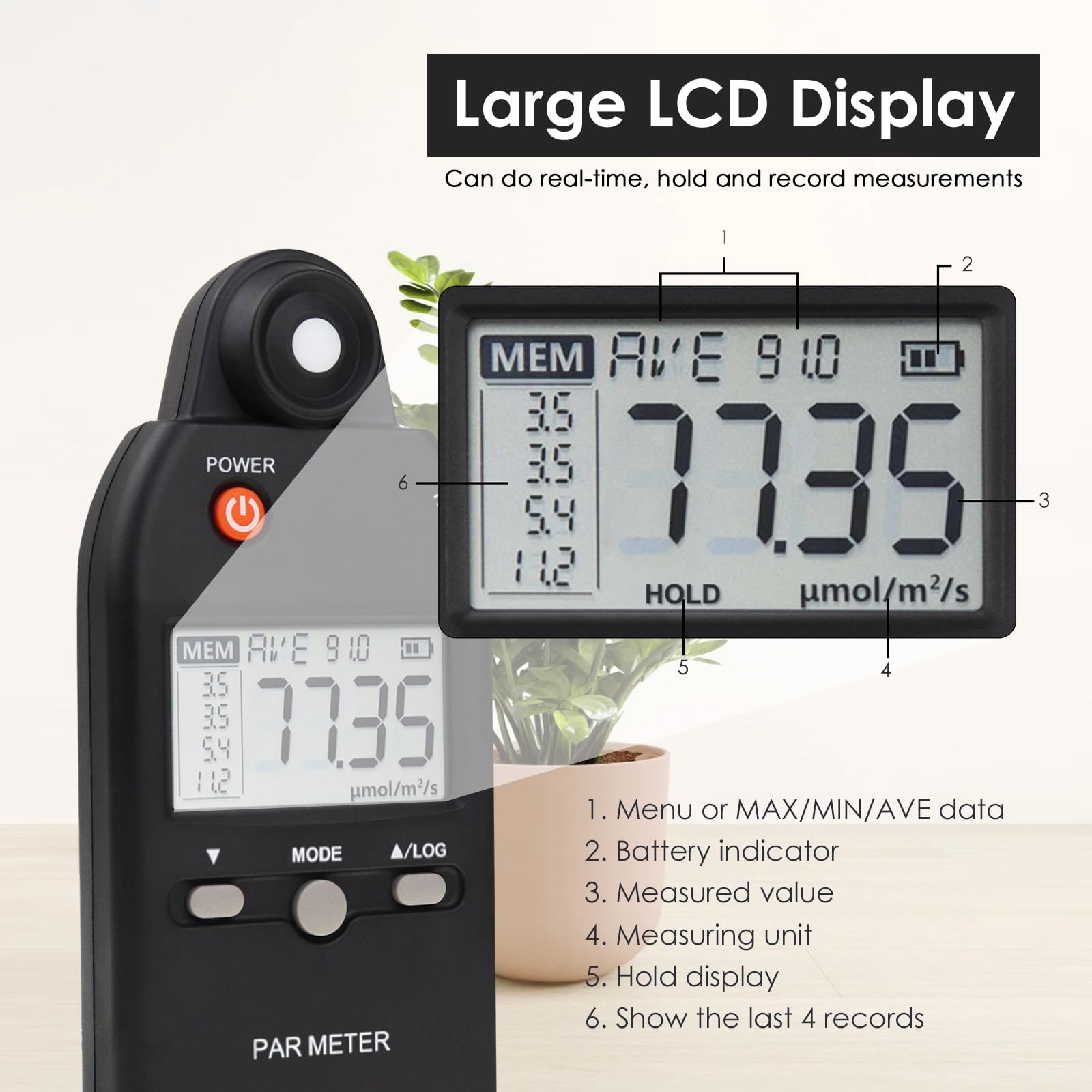 High Precision PAR Meter for LED Grow Lights - Quantum Sensor PPFD Tester (400-700nm) with Lux Measurement | Ideal for Measuring Plant Photosynthetic Activity in Indoor Gardens & Hydroponic Systems