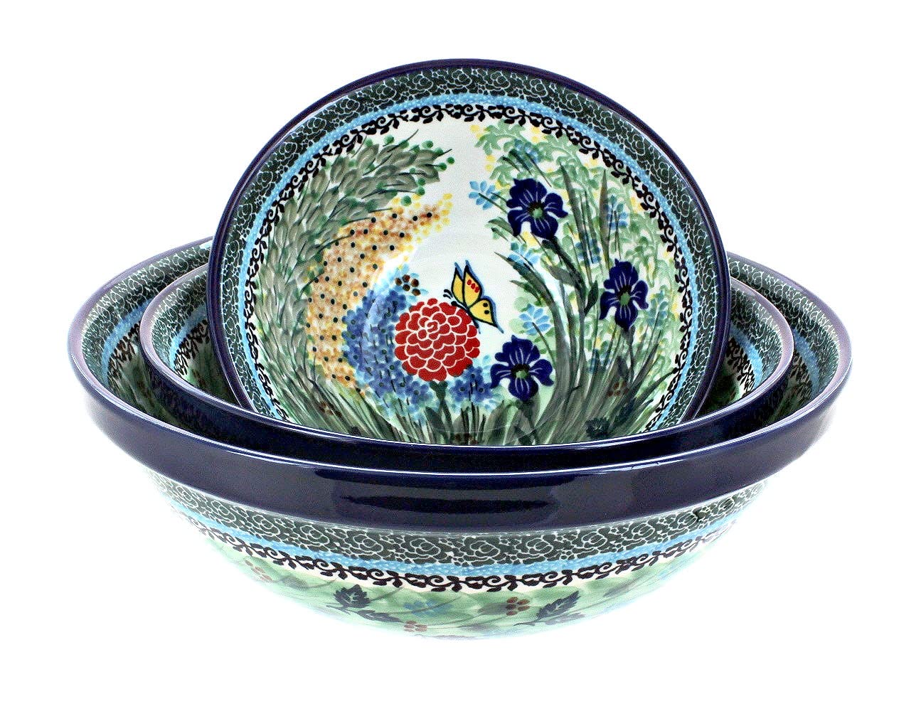 Blue Rose Polish Pottery Teresa 3-Piece Serving Bowl Set - Handmade Ceramic Serving Dishes for Salad, Pasta, Soup - Perfect for Dinner Parties & Holiday Entertaining