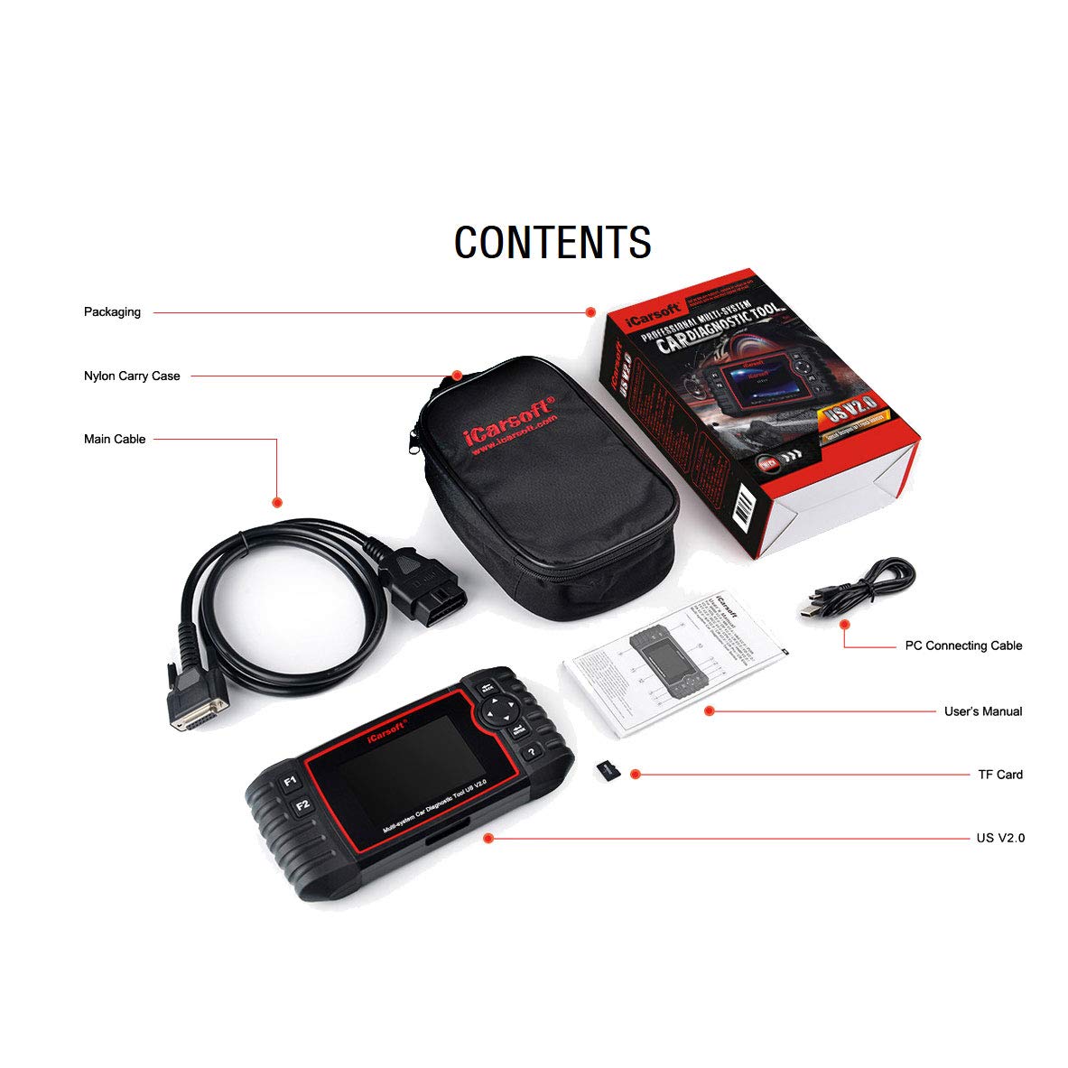 iCarsoft US V2.0 OBD2 Scanner - Professional Diagnostic Scan Tool for Ford, GM, Chevy, Buick, Cadillac, GMC, Chrysler, Jeep, Holden - Oil Reset, EPB, BMS, DPF, SAS, ETC, BLD, INJ Functions | Perfect for Mechanics & DIY Car Maintenance