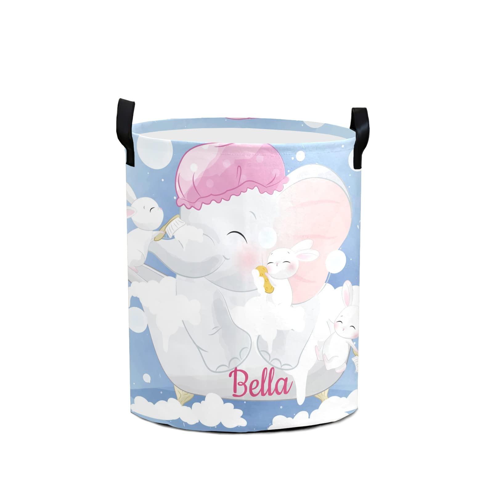 Personalized Cute Bunny Elephant Laundry Hamper with Handle - Custom Name Storage Basket for Clothes & Toys - Perfect for Bathroom, Bedroom, Living Room & Kids Room Organization