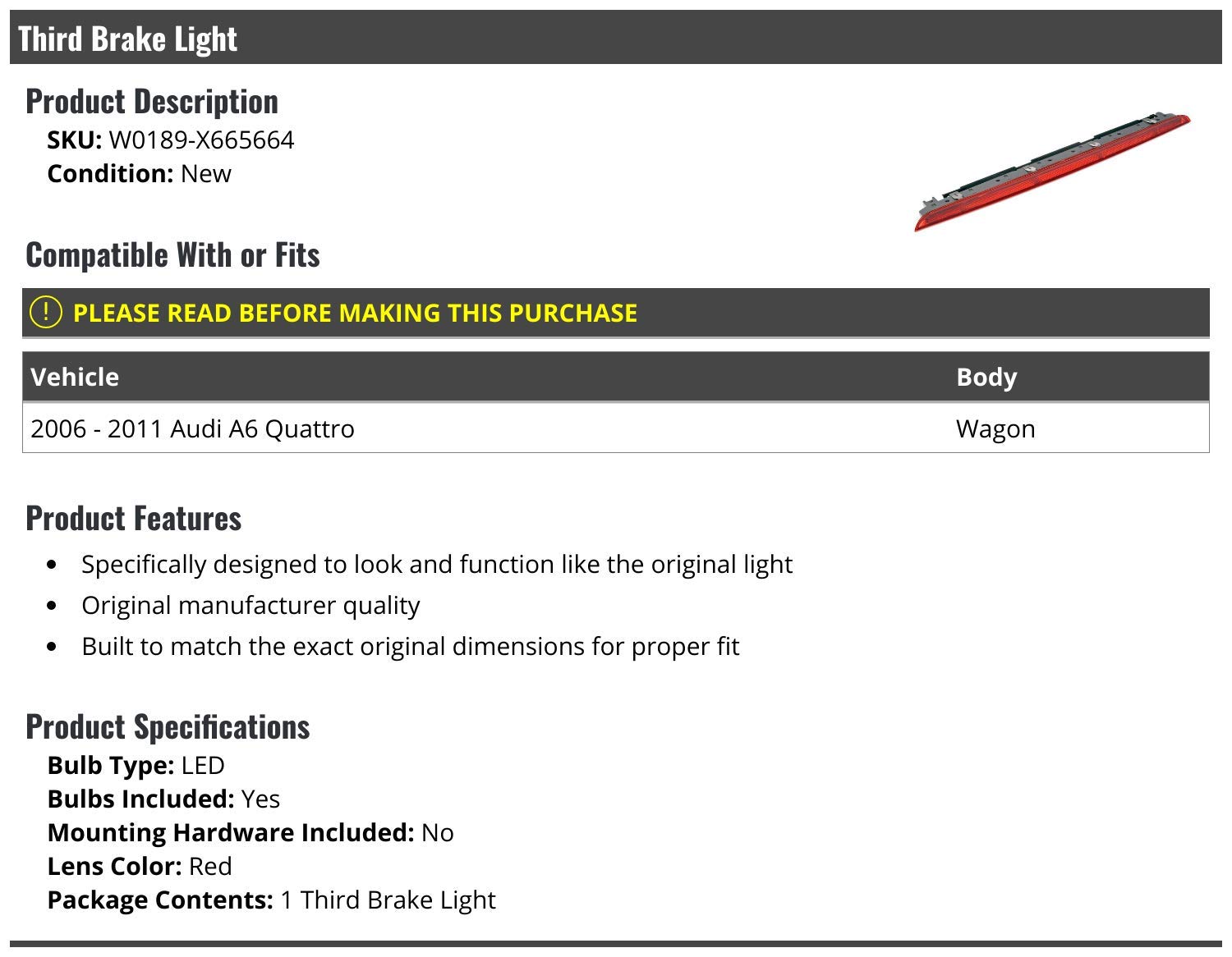 3rd Third Brake Light Lens Replacement for 2006-2011 Audi A6 Quattro Wagon - High Quality OEM Style Tail Light Cover - Perfect for Night Driving & Enhanced Safety