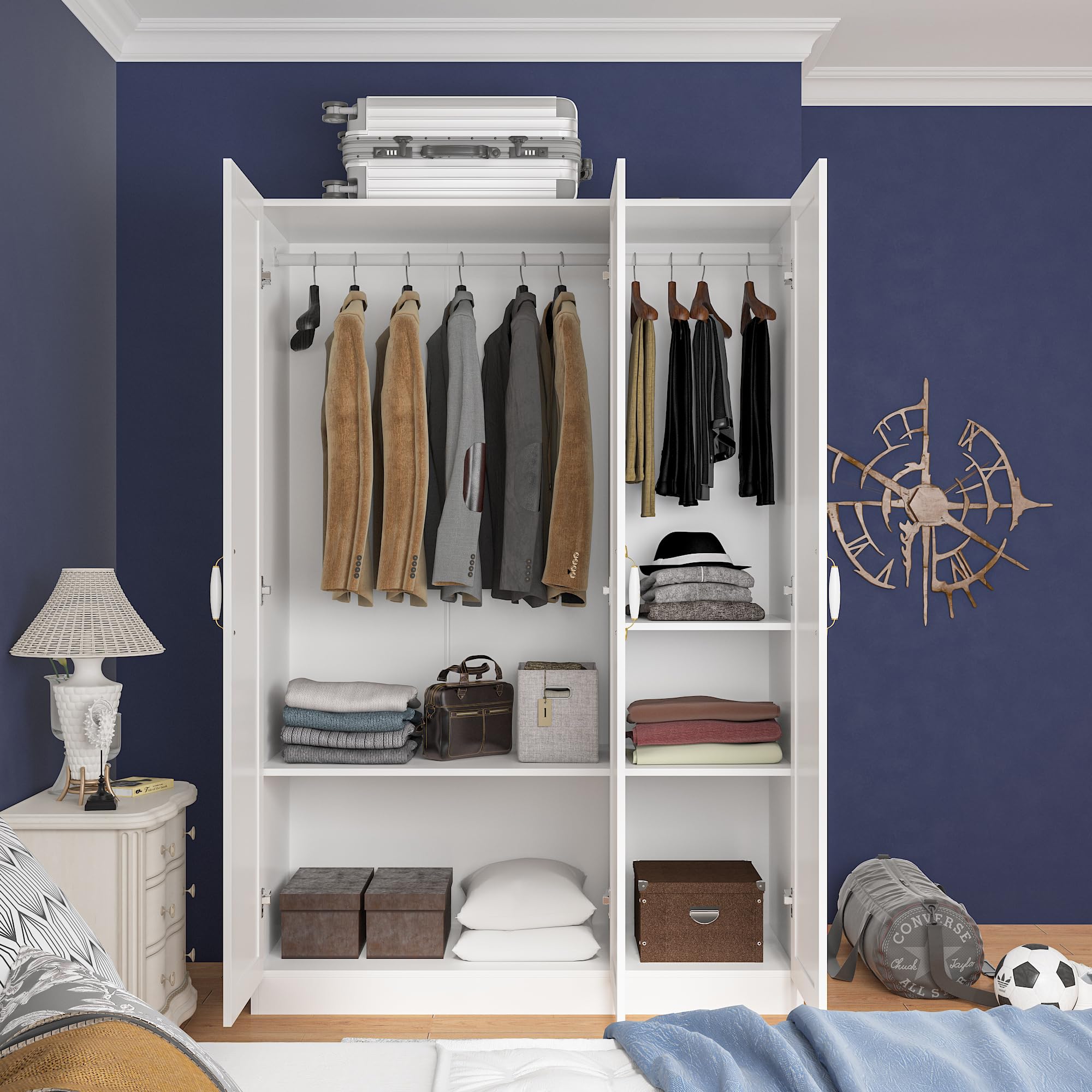 Homsee White Wooden Wardrobe Armoire Closet - 3 Doors, 5 Storage Compartments, 2 Hanging Rods & Decorative Handles for Bedroom Organization - Perfect for Master Bedroom, Guest Room, and Walk-in Closet Storage Solutions