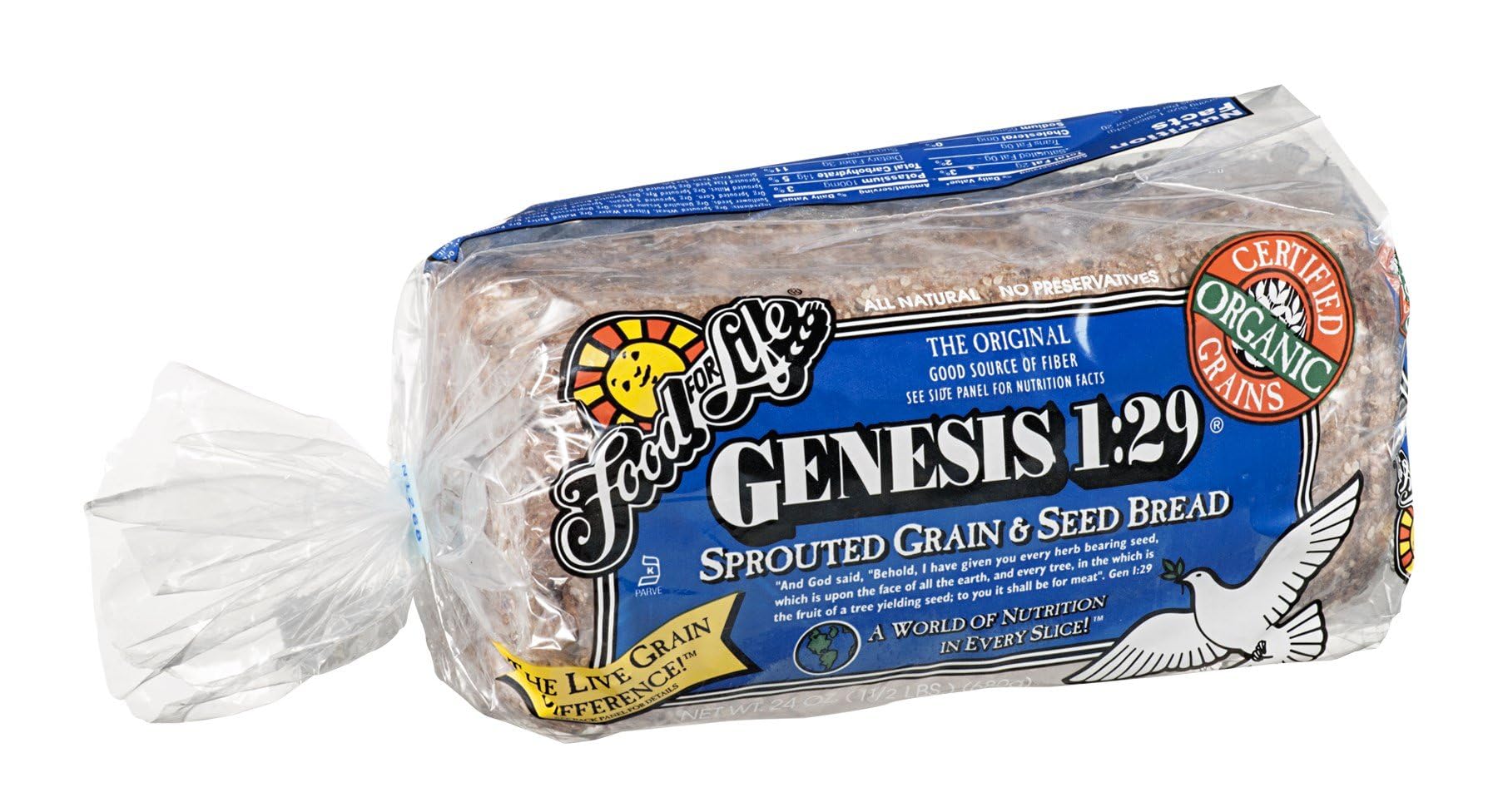 Organic Sprouted Whole Grain Bread - Food For Life Genesis 24oz (Pack of 6) | Vegan, Non-GMO, High Fiber | Perfect for Sandwiches, Toast & Healthy Breakfast