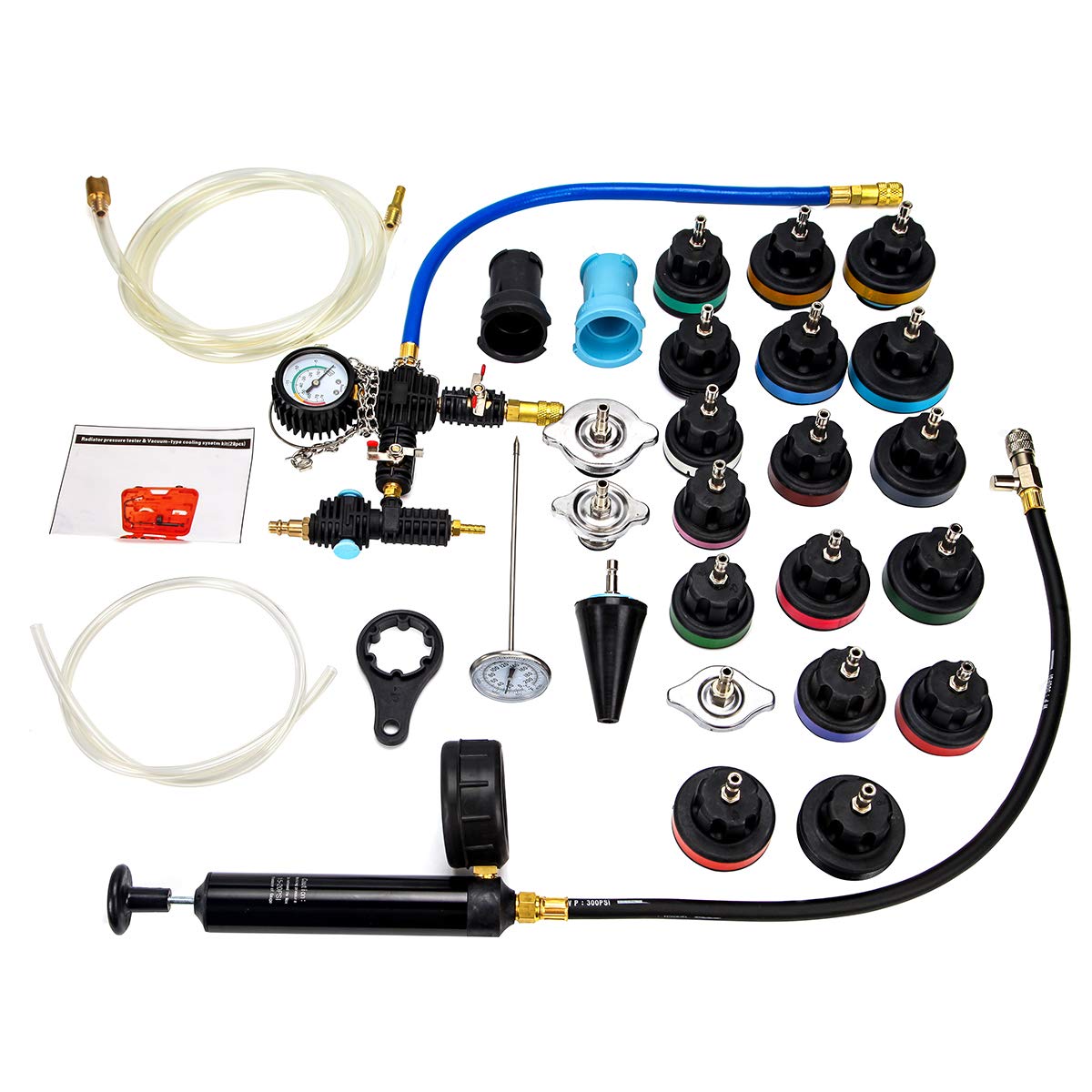 28-Piece Universal Radiator Pressure Tester & Vacuum Cooling System Kit with Toolbox - Compatible with Cars, Trucks & Motorcycles - Perfect for Auto Repair Shops & DIY Mechanics