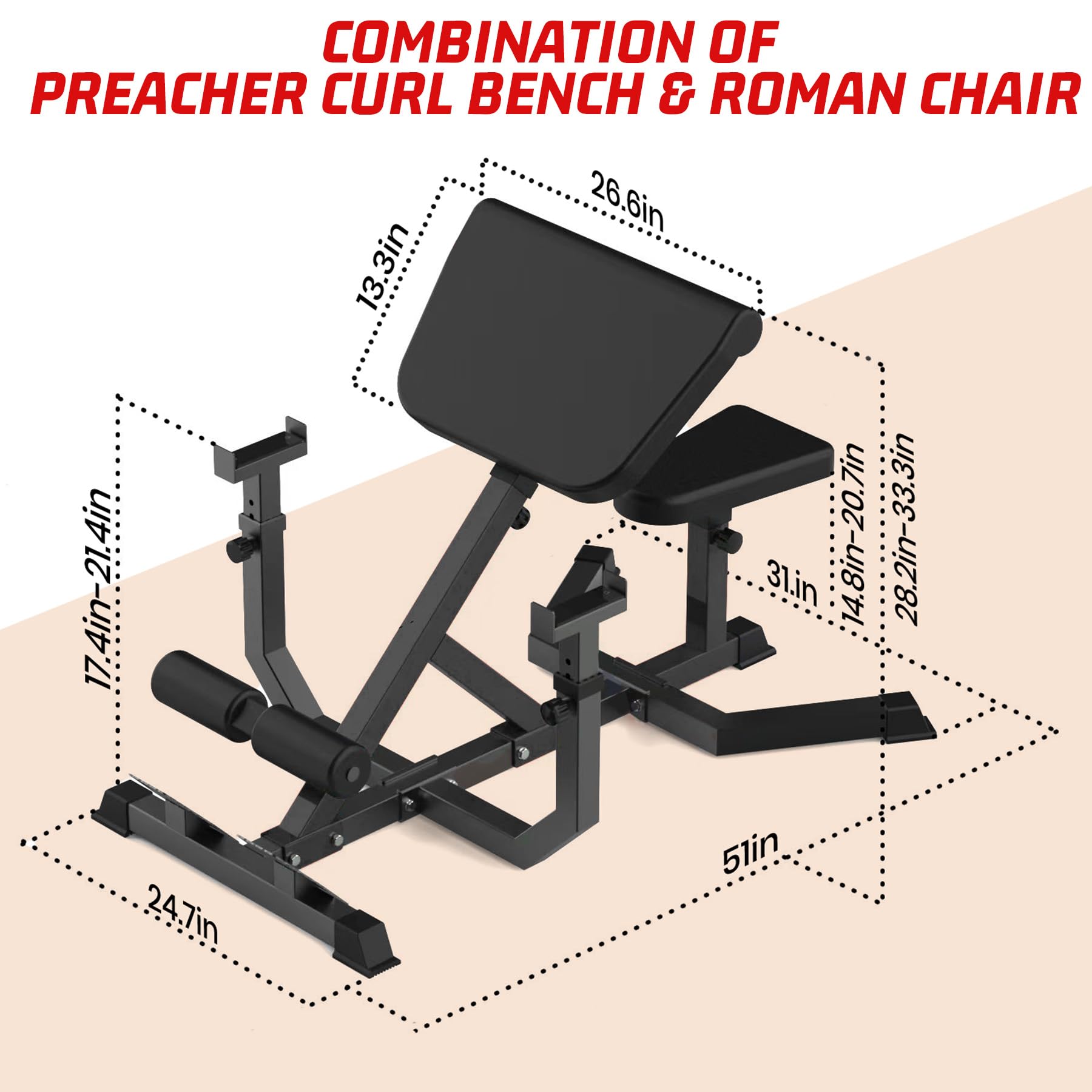 GARVEE 2-in-1 Roman Chair & Preacher Curl Bench - Adjustable Hyperextension Bench for Home Gym - Heavy Duty Ab, Back, Glute & Leg Workout Equipment with Arm Support - Perfect for Strength Training & Core Exercises (Black)