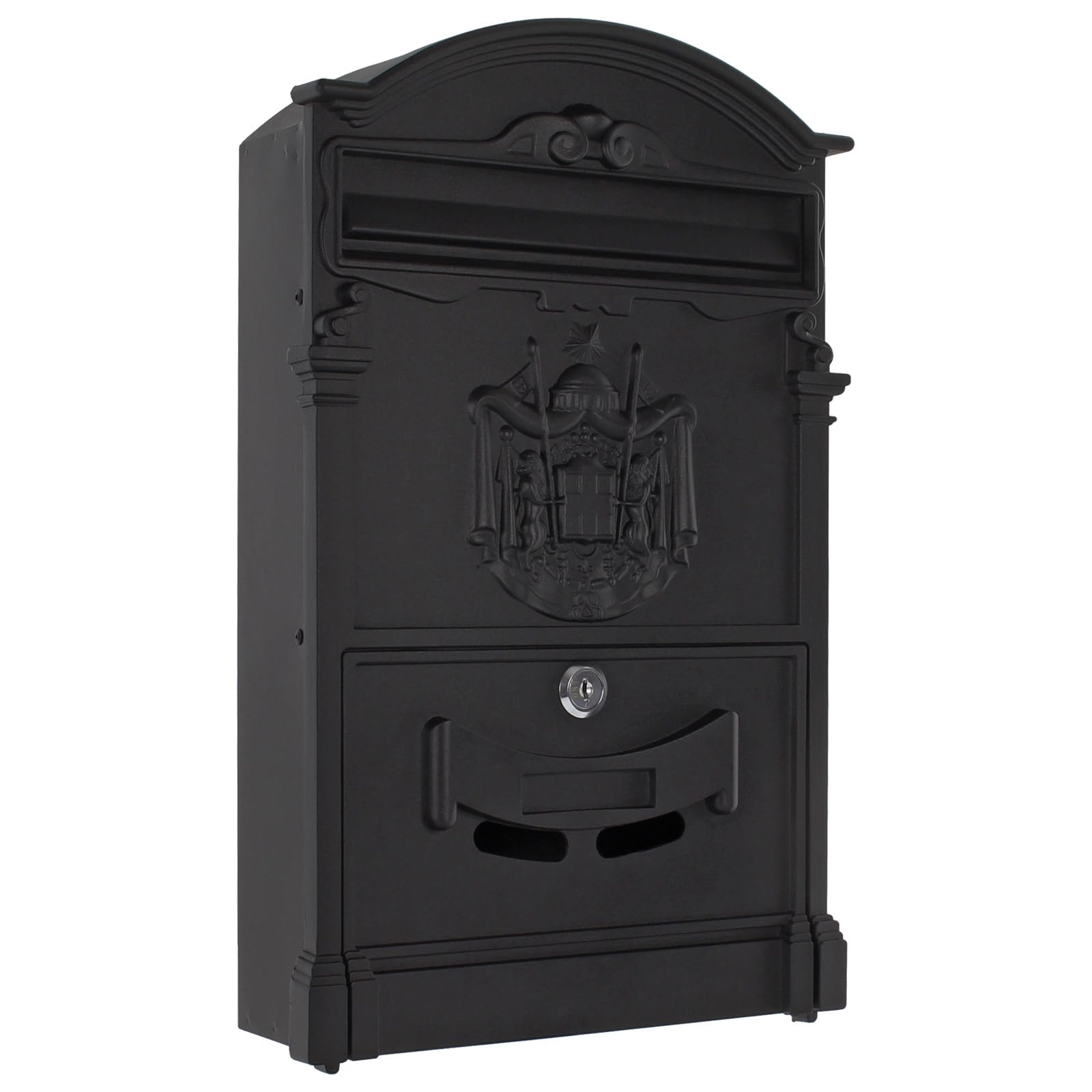 Ashford Traditional Style Post Box with Regal Crest - Outdoor Steel Mailbox in Black for Home & Garden Decor