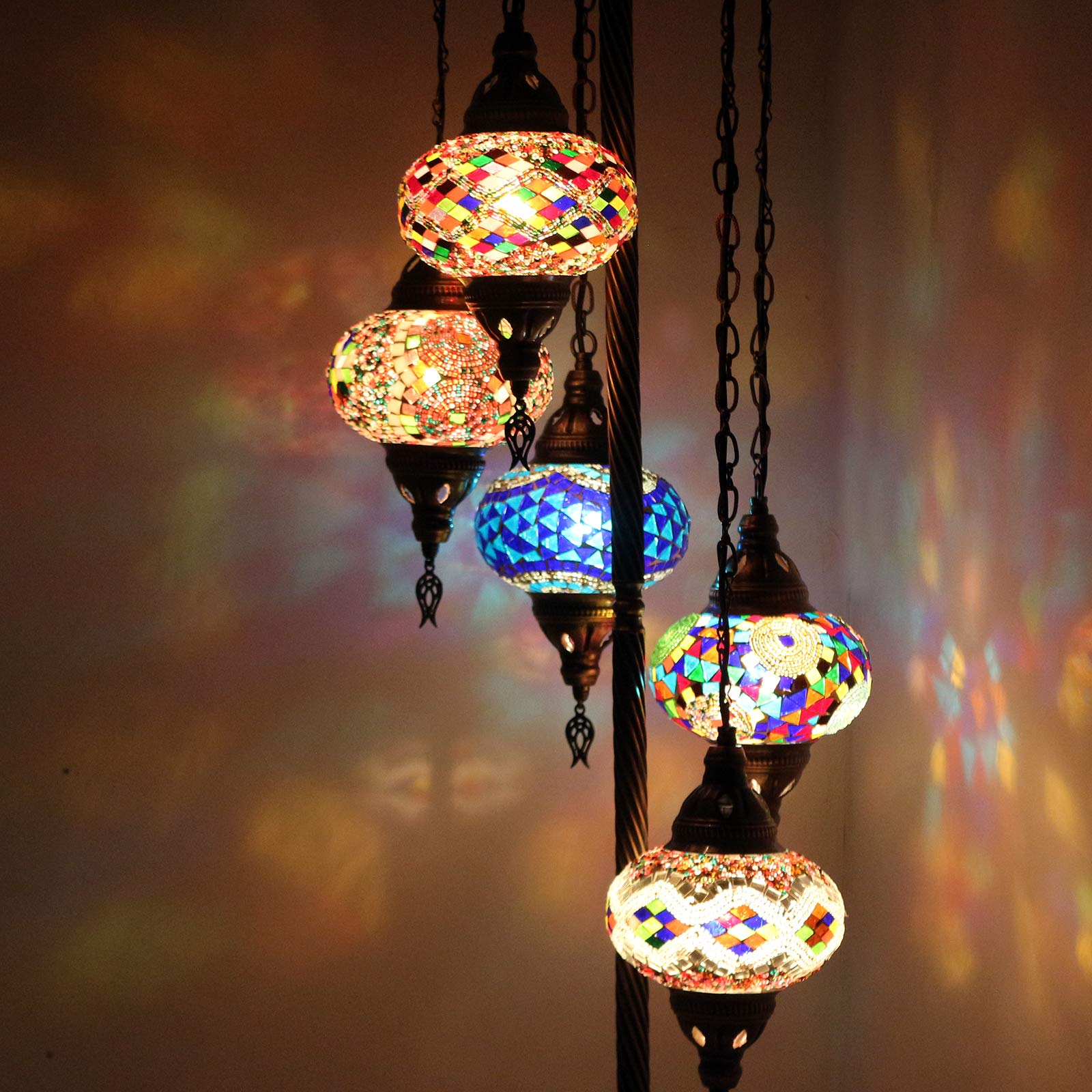 Handmade Customizable Turkish Moroccan Mosaic Tiffany Floor Lamp with 5 Glass Globes - Vintage Stained Glass Lighting for Bedroom, Living Room Corner & Home Decor