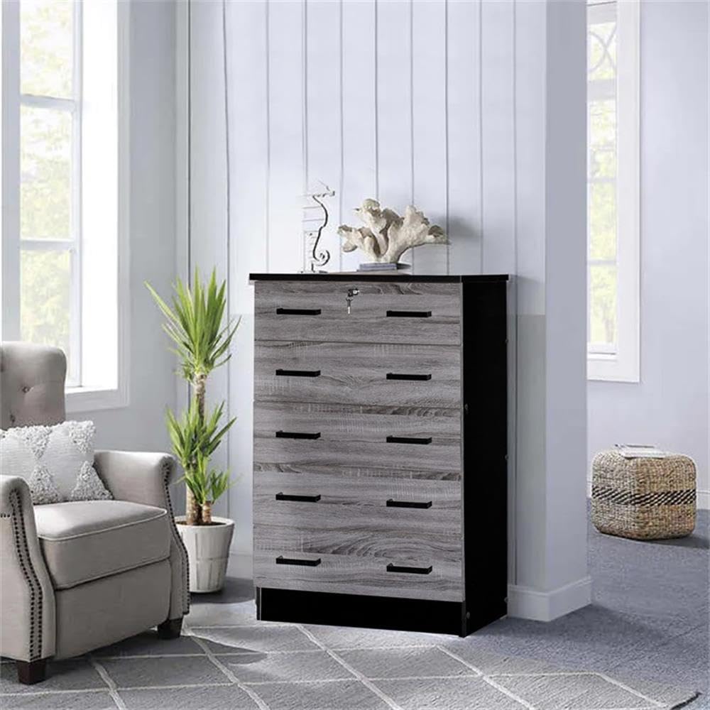 Better Home Products Cindy 5-Drawer Wooden Dresser with Lock - Ebony Finish for Bedroom Storage & Organization