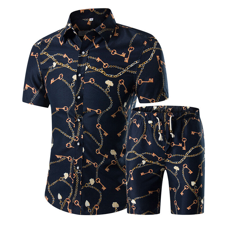 Men's 2-Piece Hawaiian Print Summer Suit - Lightweight Breathable Black Swim Shirt & Shorts Set for Beach Vacation, Pool Party and Tropical Getaways