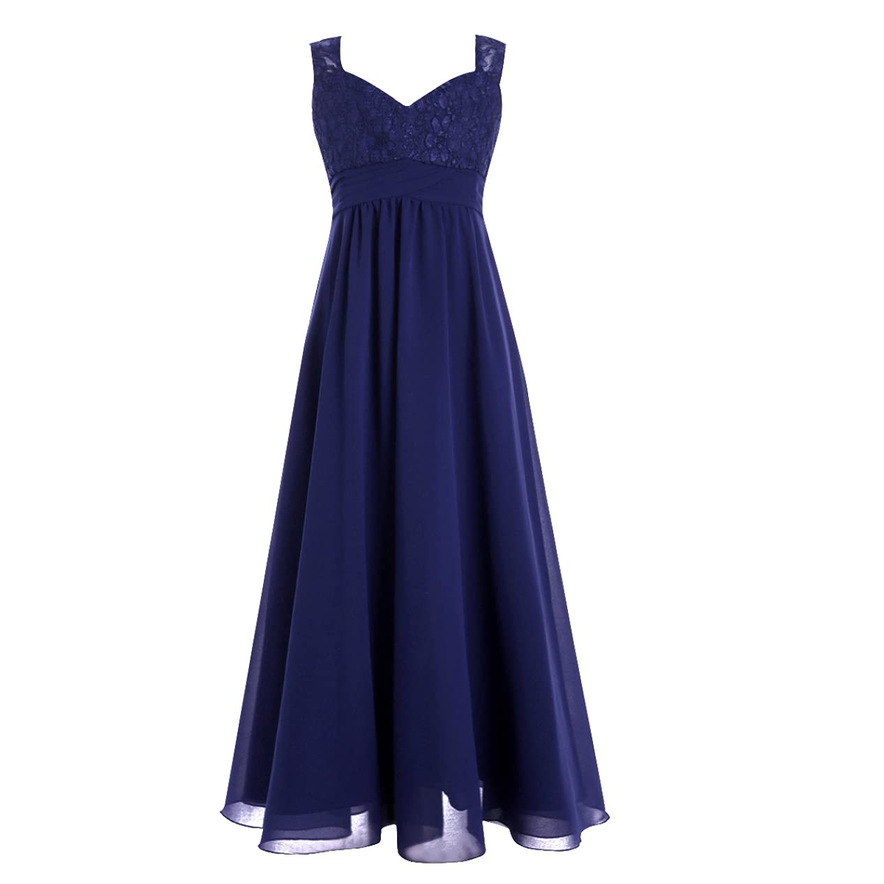 Elegant Navy Blue Chiffon Lace Bridesmaid Dress for Girls - Long Maxi Party Ball Gown for Weddings, Prom & Special Occasions (Size 12 Years)