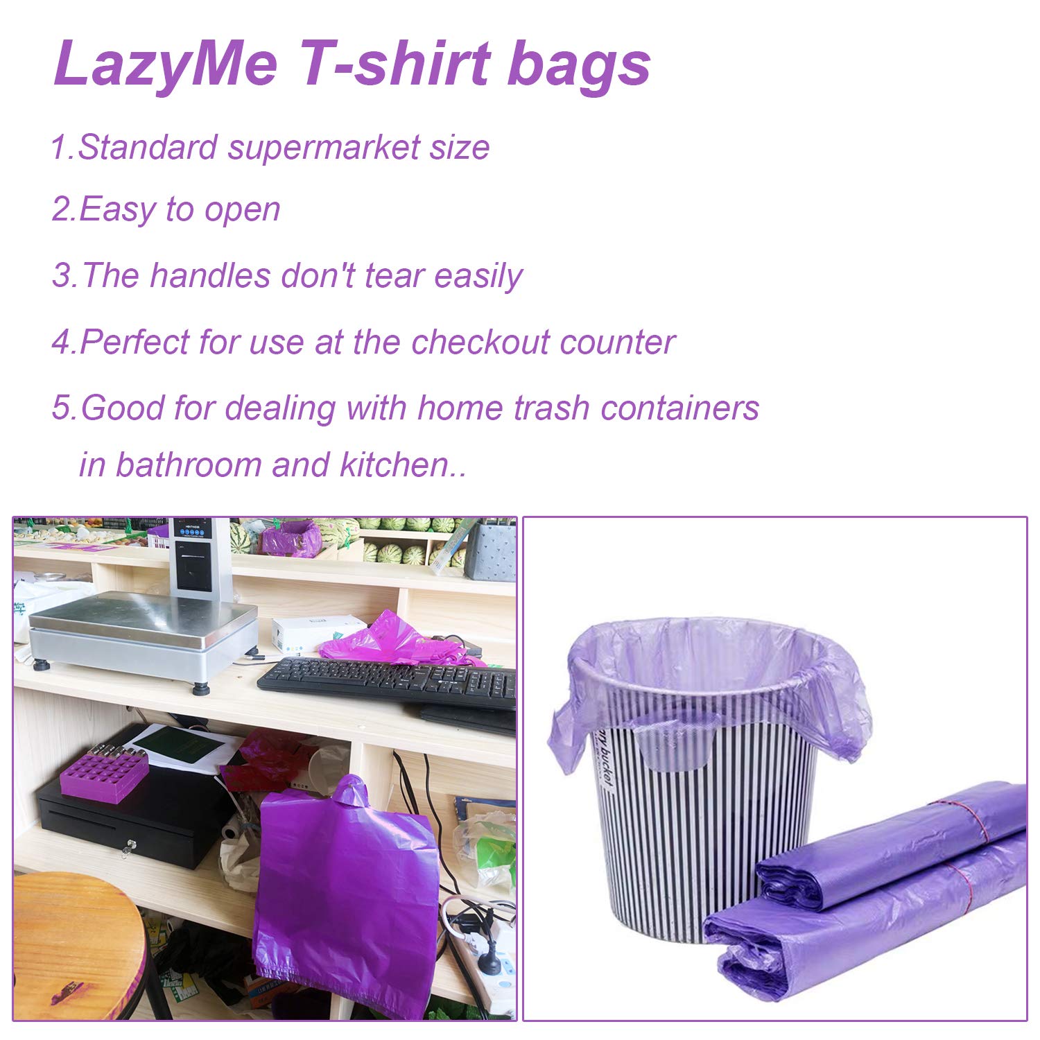 LazyMe Heavy Duty Plastic Grocery Bags with Handles - 12x20 Inch Bulk Shopping Bags for Supermarkets, Restaurants & Retail Stores (100 Pack, Purple) - Perfect for Grocery Shopping, Takeout Orders & Retail Packaging