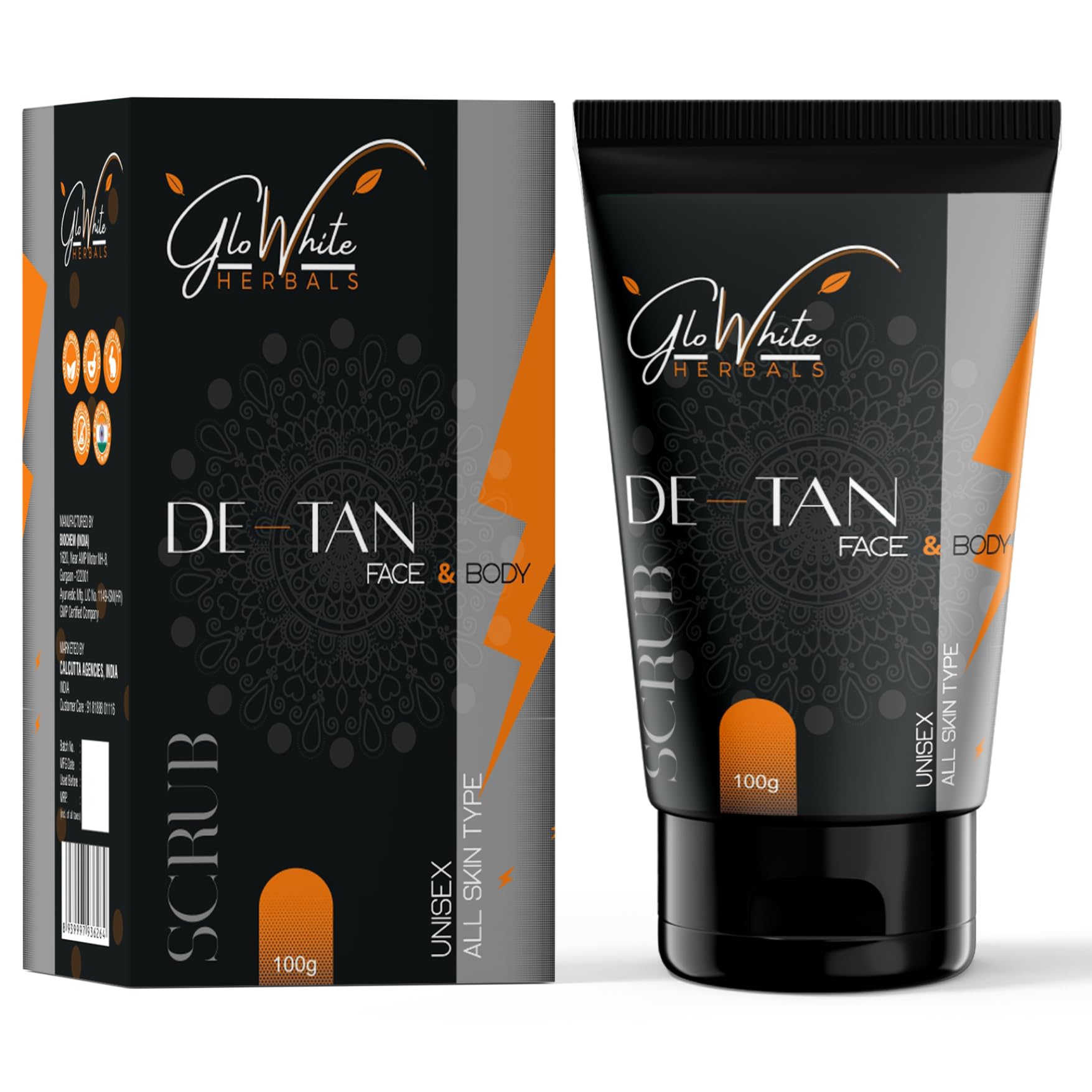 GloWhite Herbals Deep Exfoliating De-Tan Face Scrub for Blackheads & Tan Removal - Brightening Facial Cleanser with Micro Peeling Beads to Even Skin Tone, Reduce Dark Spots & Control Oil | Perfect for Daily Skincare Routine & Post-Sun Care