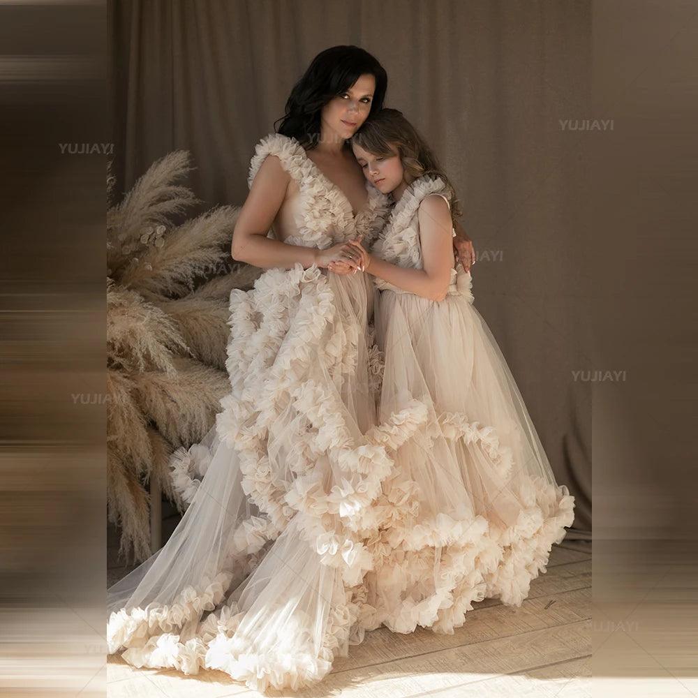 Elegant Tiered Ruffle Mommy and Me Dresses - Matching Mother Daughter Outfits for Photoshoots, Family Portraits & Special Occasions